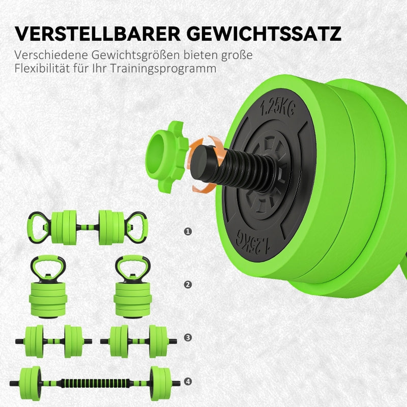 4 in 1 Dumbbell Set 20kg Adjustable Barbell Kettlebell Push-up Handles - Green