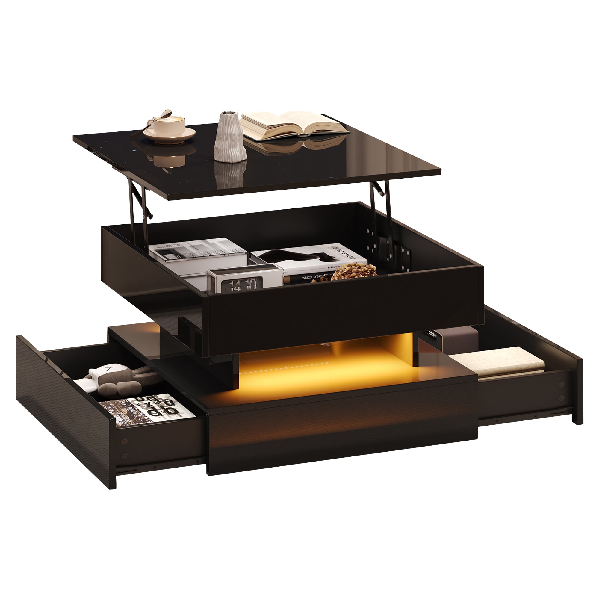 Liftable Coffee Table, 65 x 65 x 38.5 cm, High-Gloss with LED Light Strip, 2 Drawers, Black