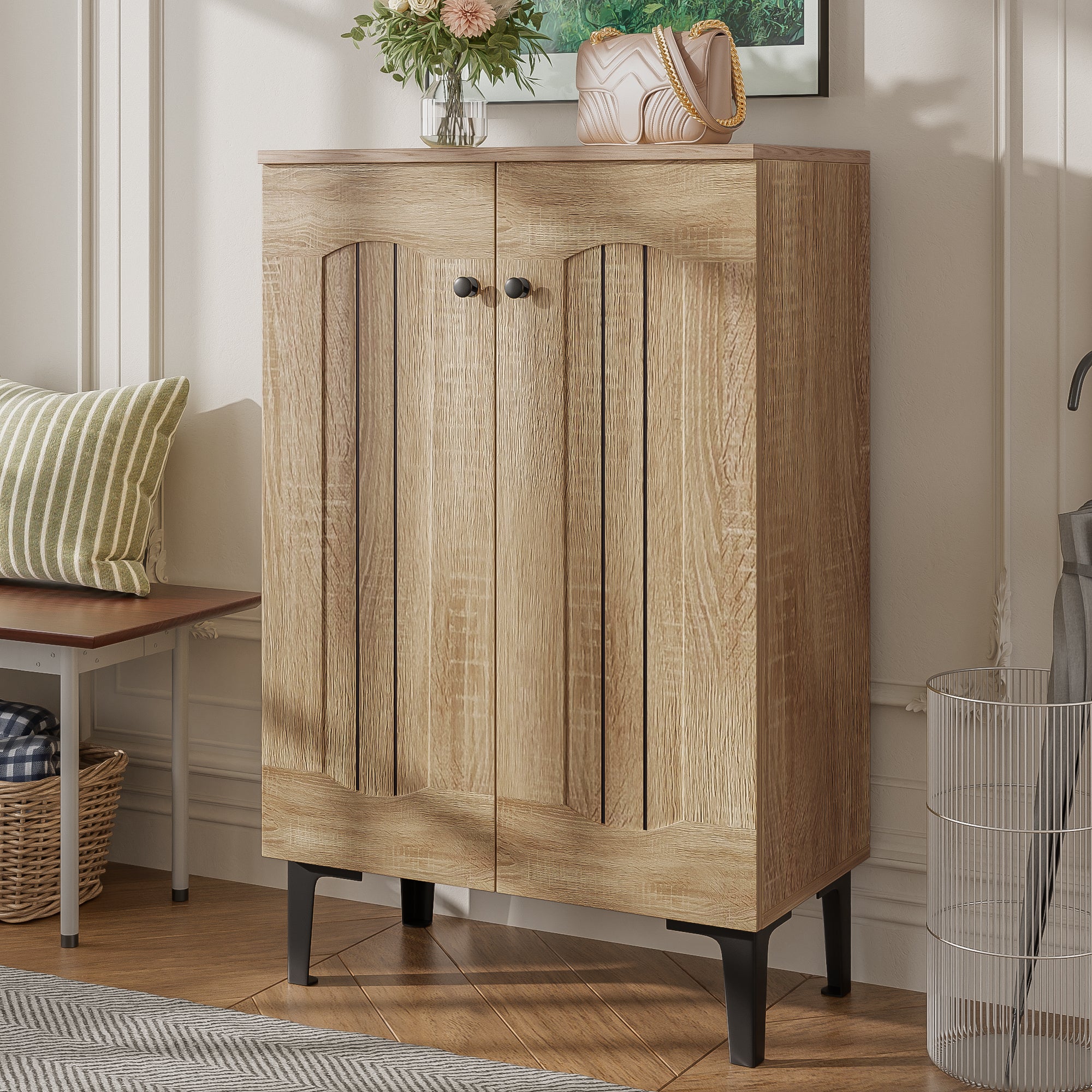 Modern Shoe Cabinet, Double Doors, Large Storage, Multi-Tiered Shelves, Wood Color