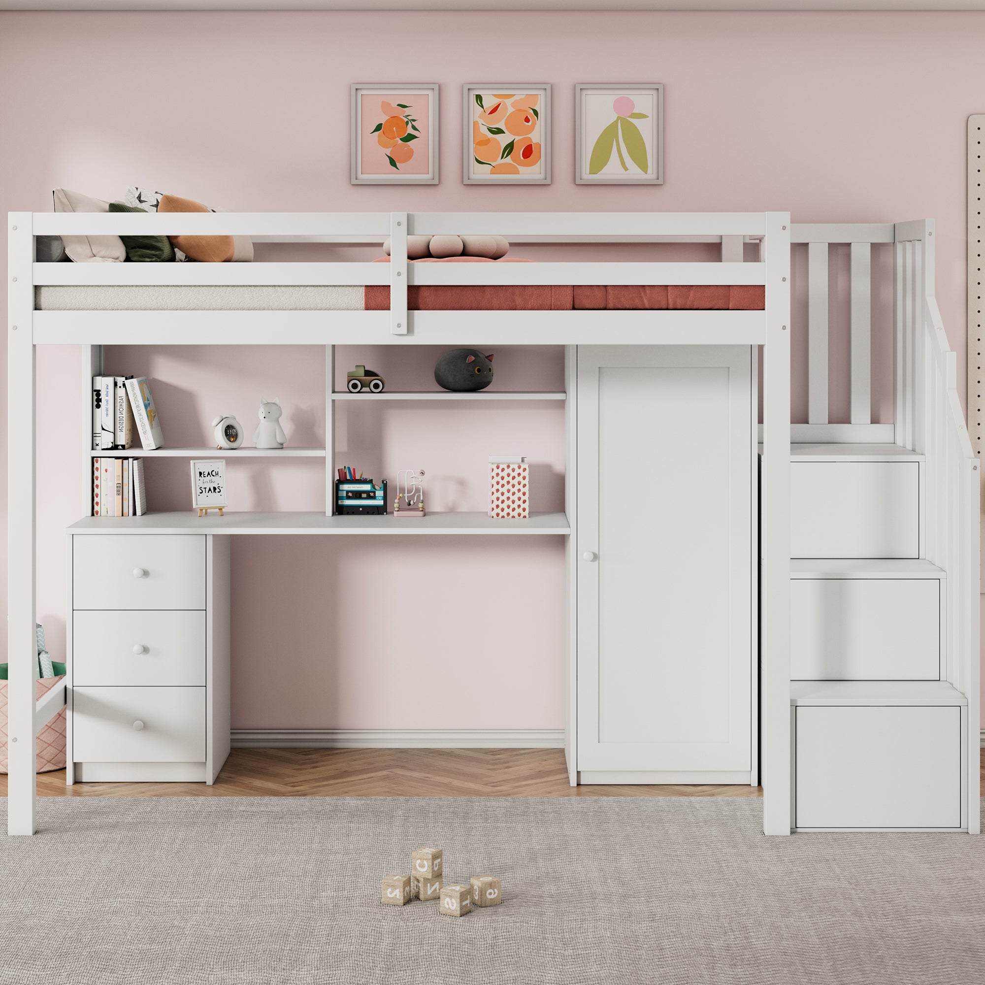 Bunk Bed with Desk, Wardrobe, Stairs, and Drawers, 90x200cm White