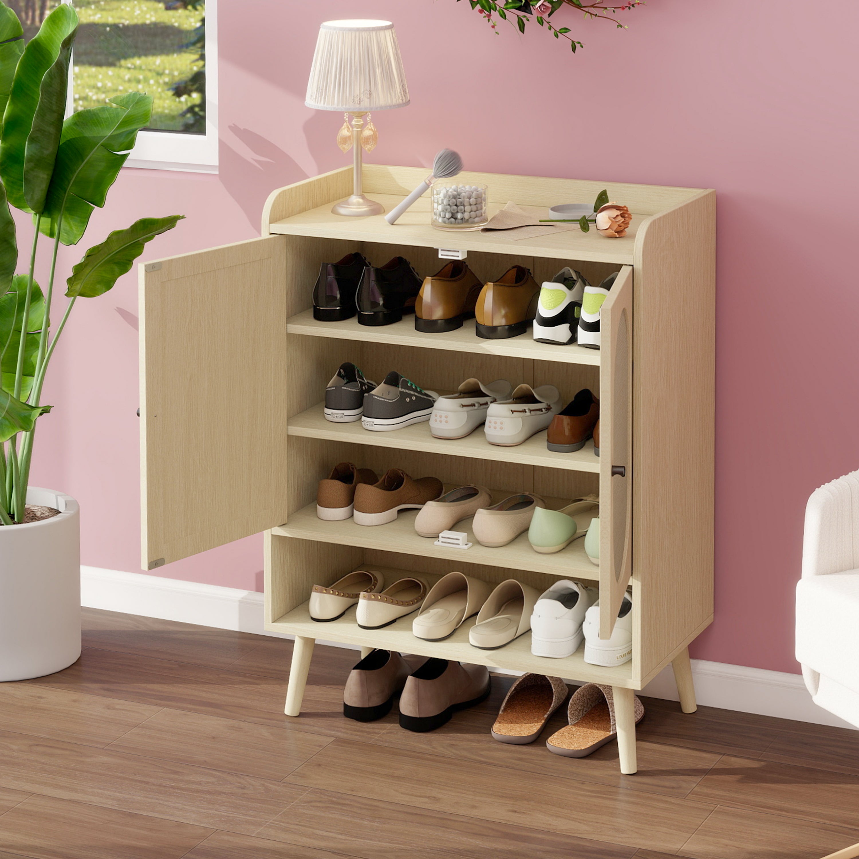 Shoe Cabinet with Double Doors, Storage & Open Shelf, Natural Rattan