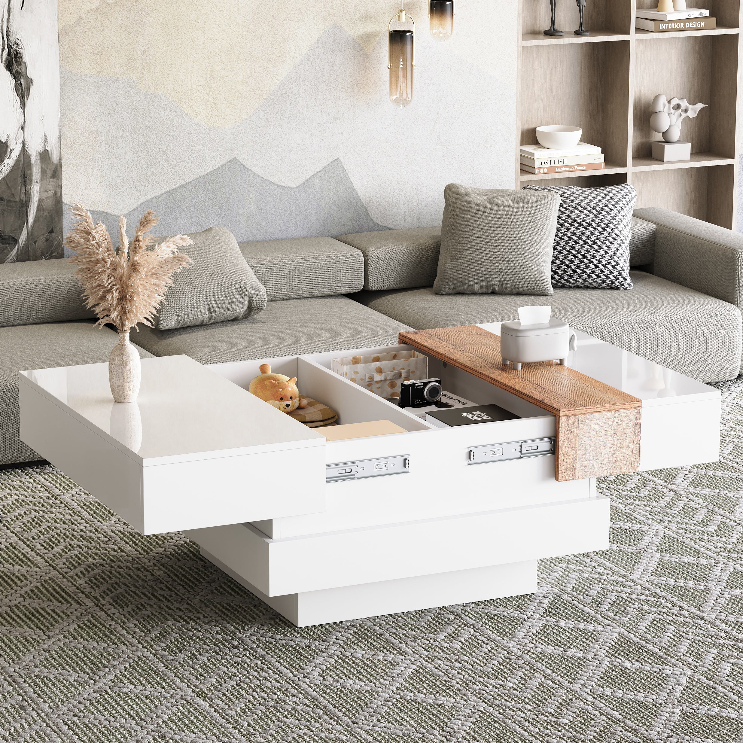 Coffee Table, Square with Extendable Top & Hidden Storage, White High Gloss