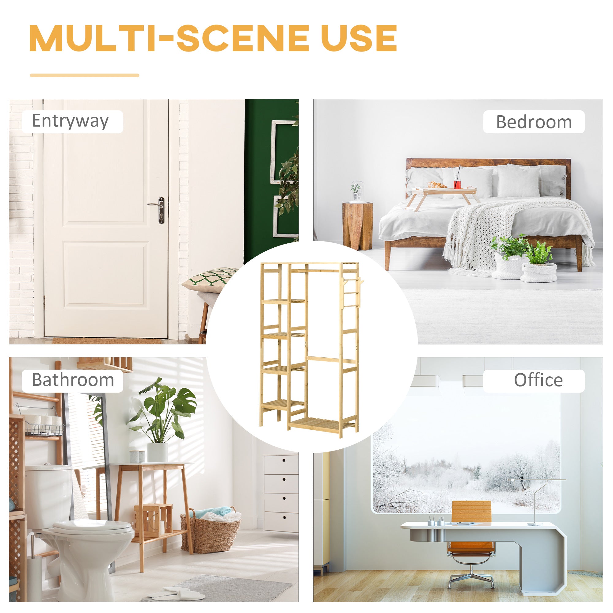 Bamboo Garment Rack Clothes Rack with Storage Shelf, Hanging Rail, and Side Hooks, Natural