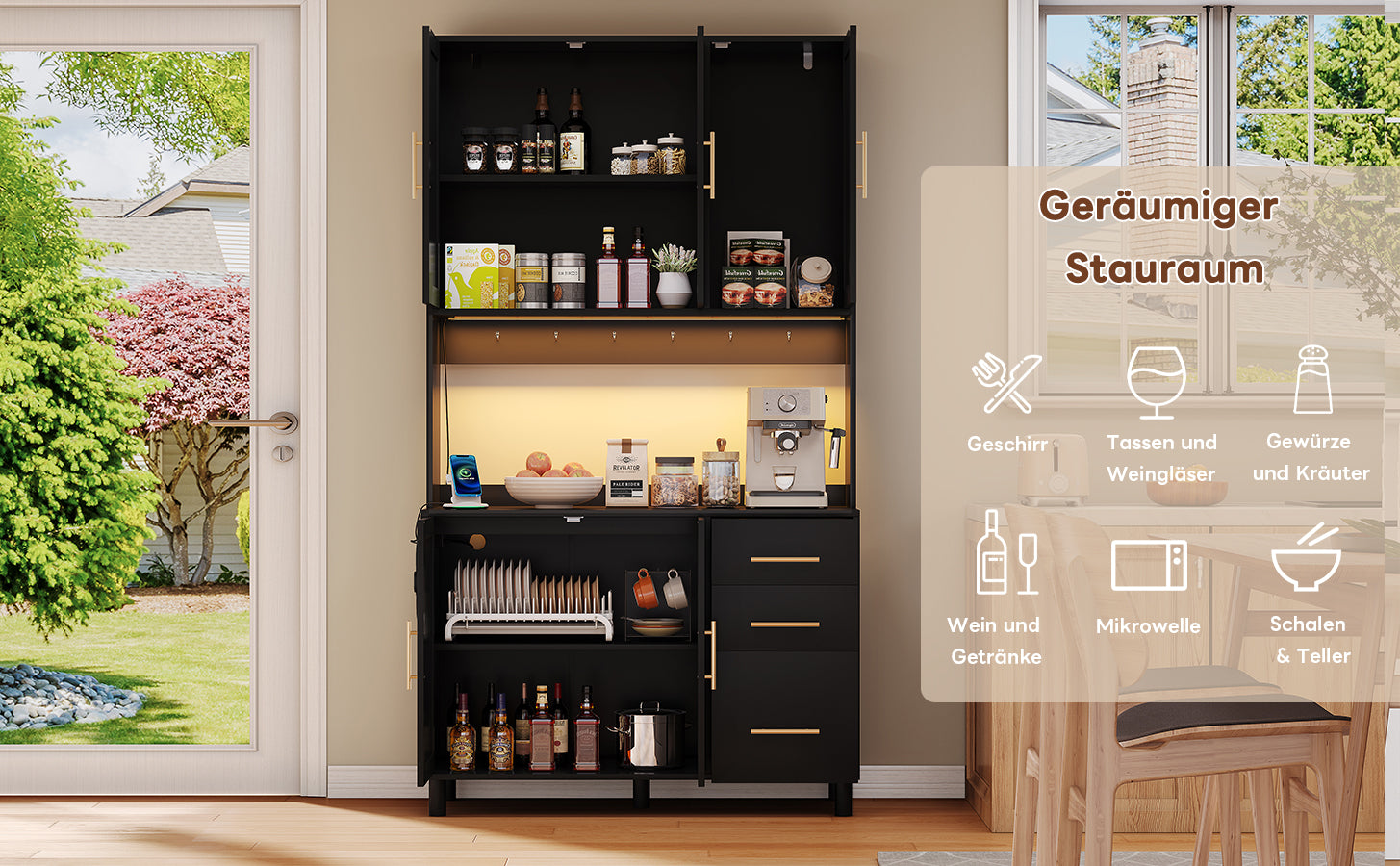 Kitchen Sideboard Buffet 183cm with App LED Lights Power Outlets Shelves & 3 Drawers - Gold Handles