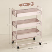 3-Tier Storage Trolley on Wheels Utility Cart Mesh Baskets Light Pink