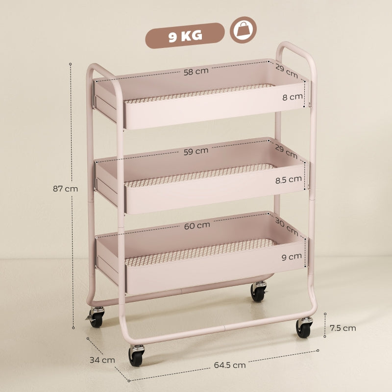 3-Tier Storage Trolley on Wheels Utility Cart Mesh Baskets Light Pink