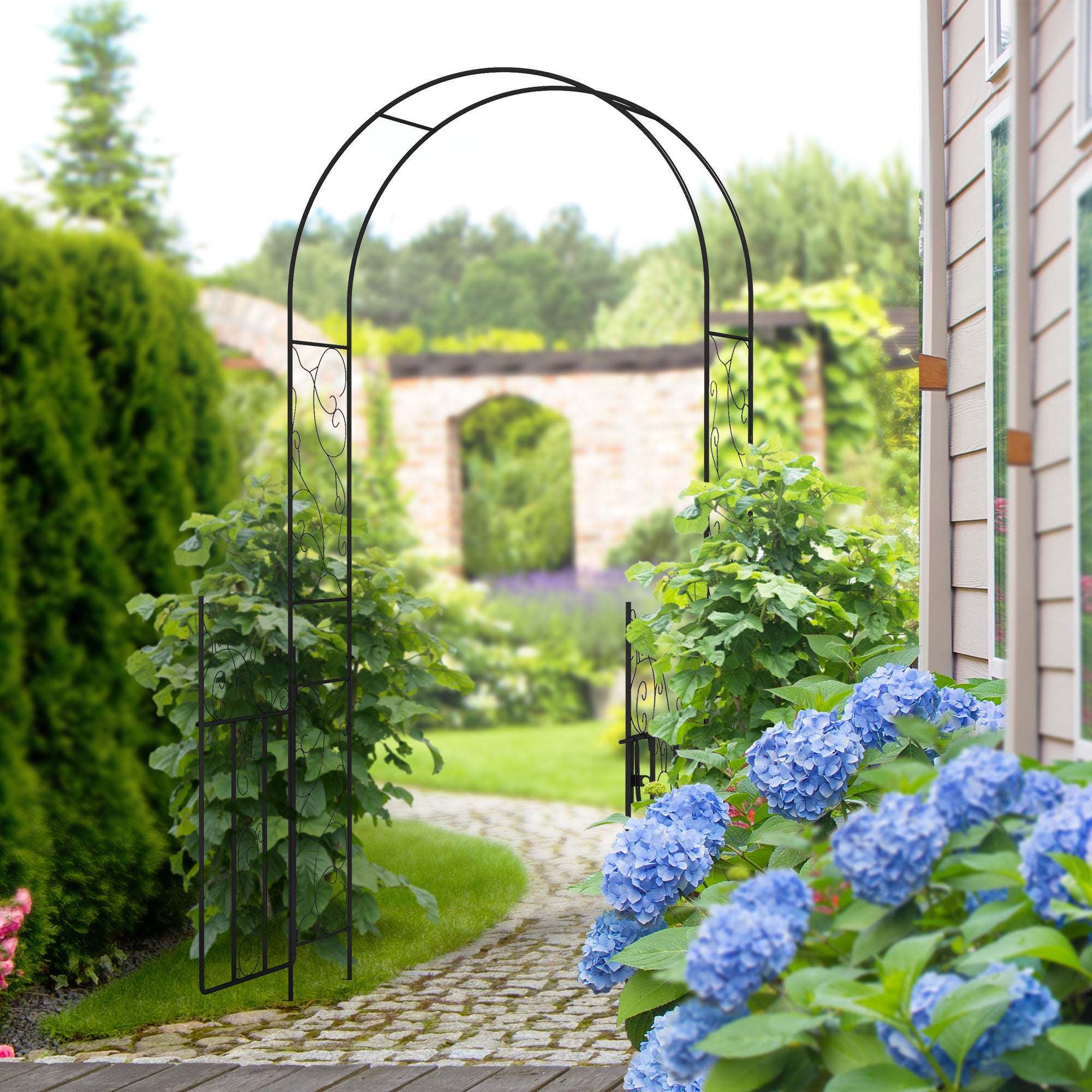 Outdoor Garden Arch Double Gate Metal Black