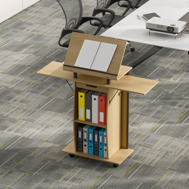 Rolling Podium Stand, Folding Side Wings & Shelves, Oak