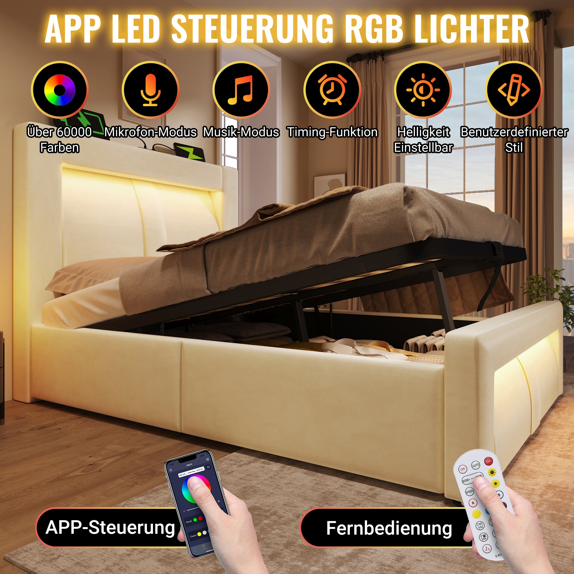 Single Bed with Hydraulic Storage, LED Lighting and Charging Ports, Beige Velvet