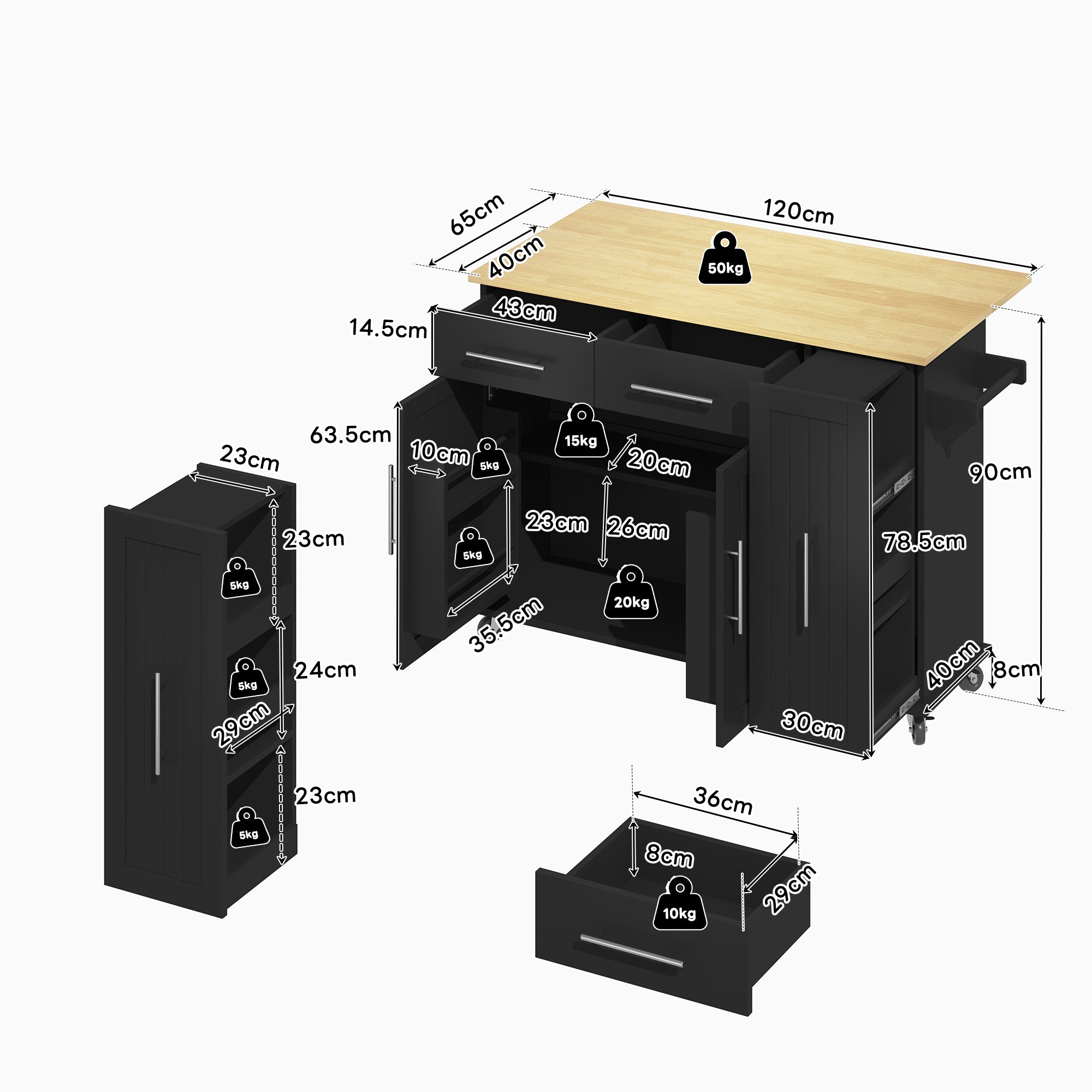 Kitchen Island Drop Leaf Rolling Cart 3-Tier Pull-Out 2 Drawers - Black