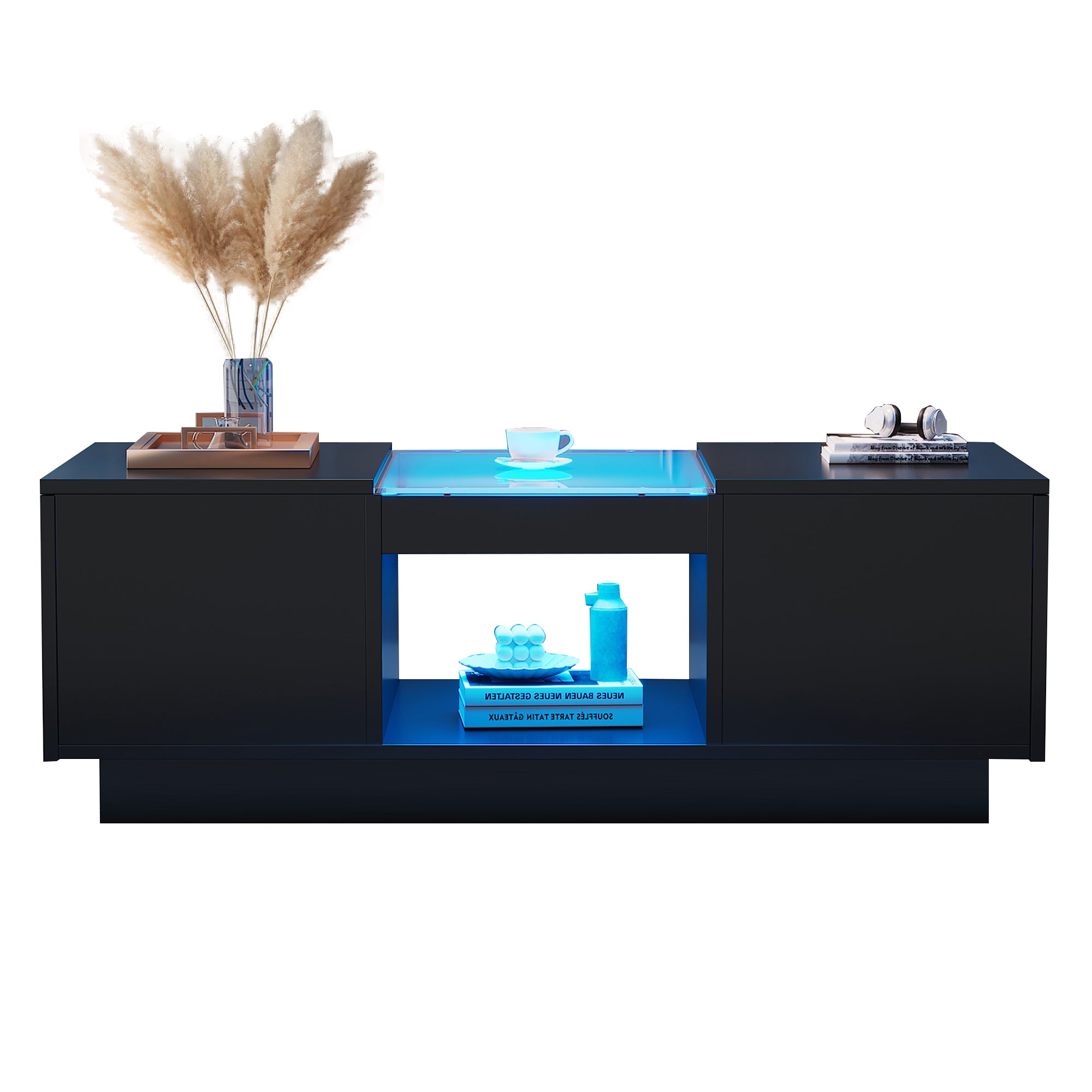 Black Coffee Table with Glass Panel, LED Lighting, App Control, 2 Drawers, 100x50x35.5 cm