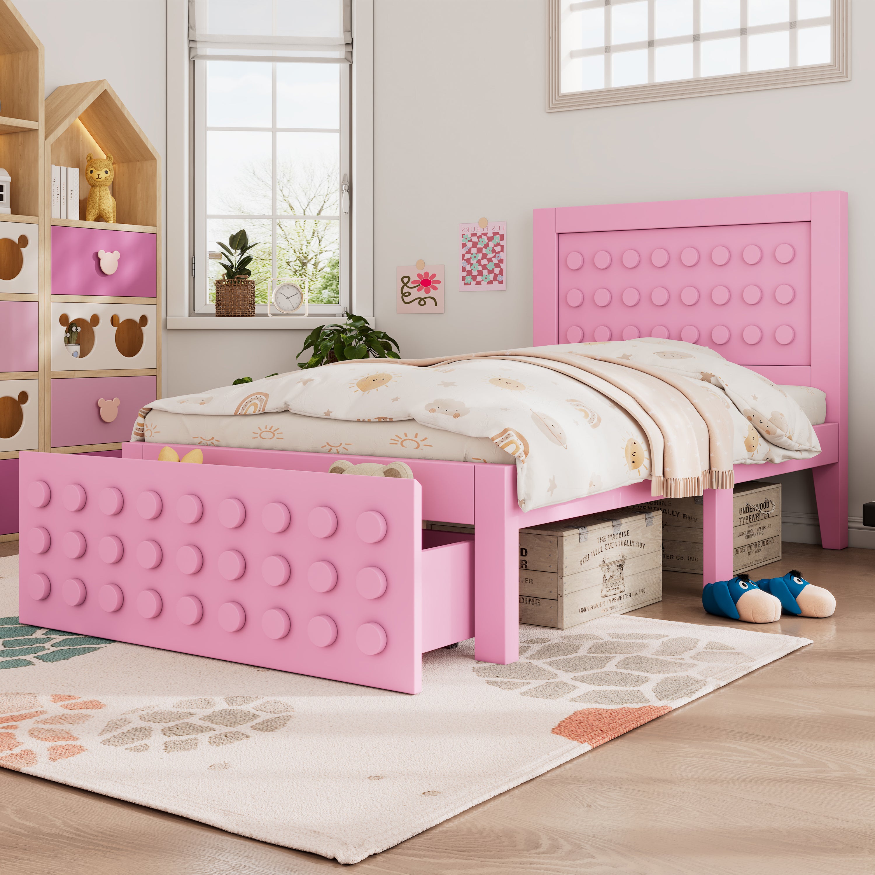 Wooden Single Bed, 90x200 cm with Drawers, Pink