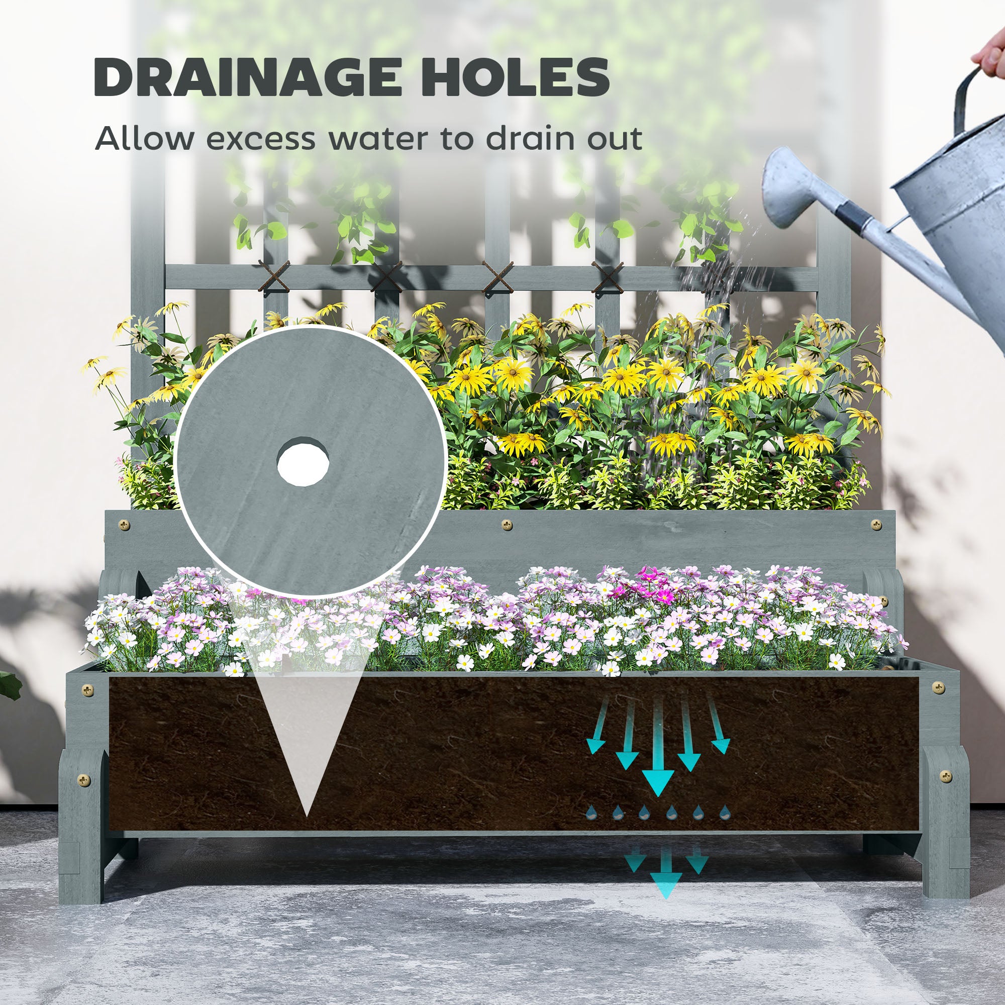 2-Tier Raised Garden Bed, Elevated Planter with Trellis and Drainage, Wooden Grey