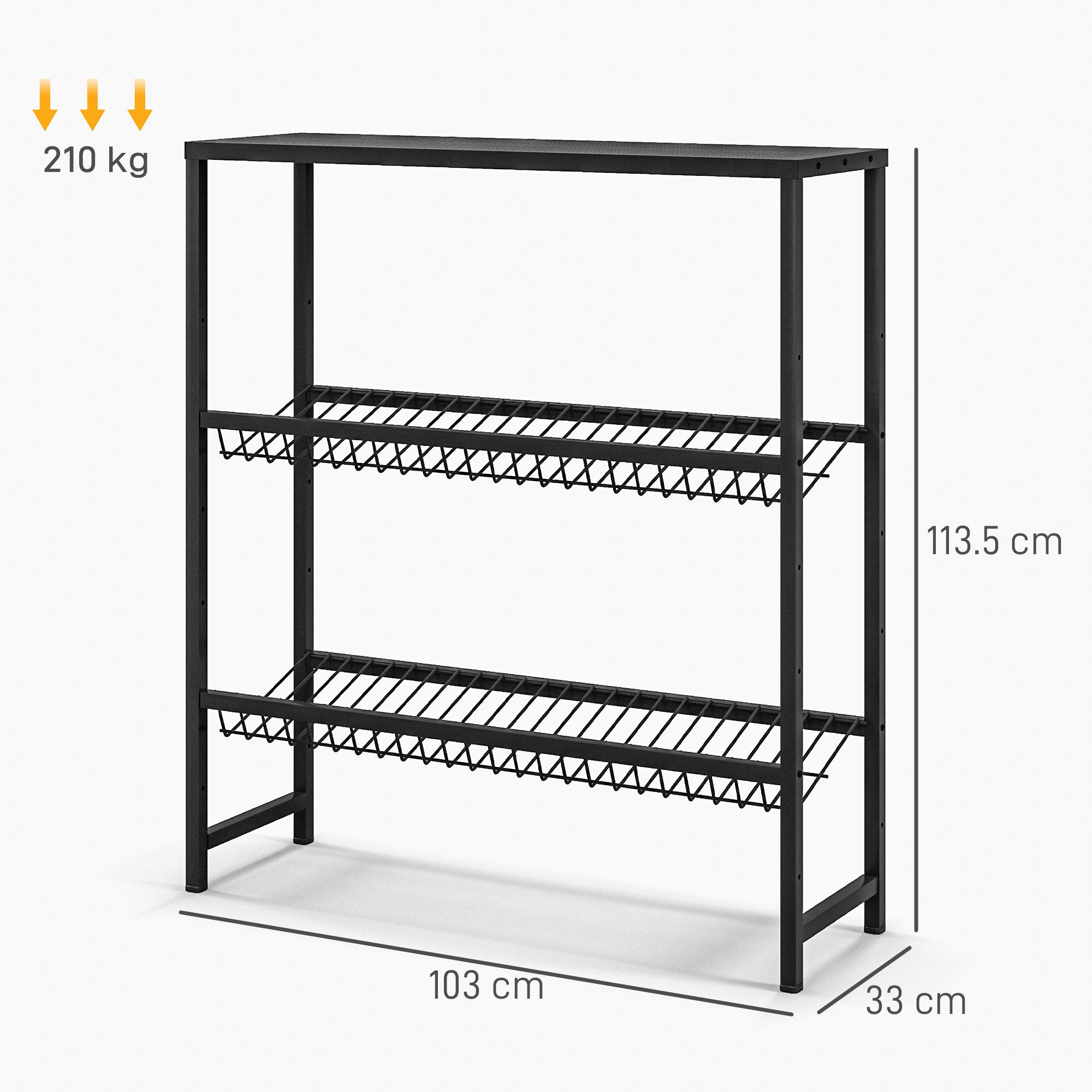 Freestanding beverage crate rack 6 crates adjustable shelf height 3 levels non-slip black steel