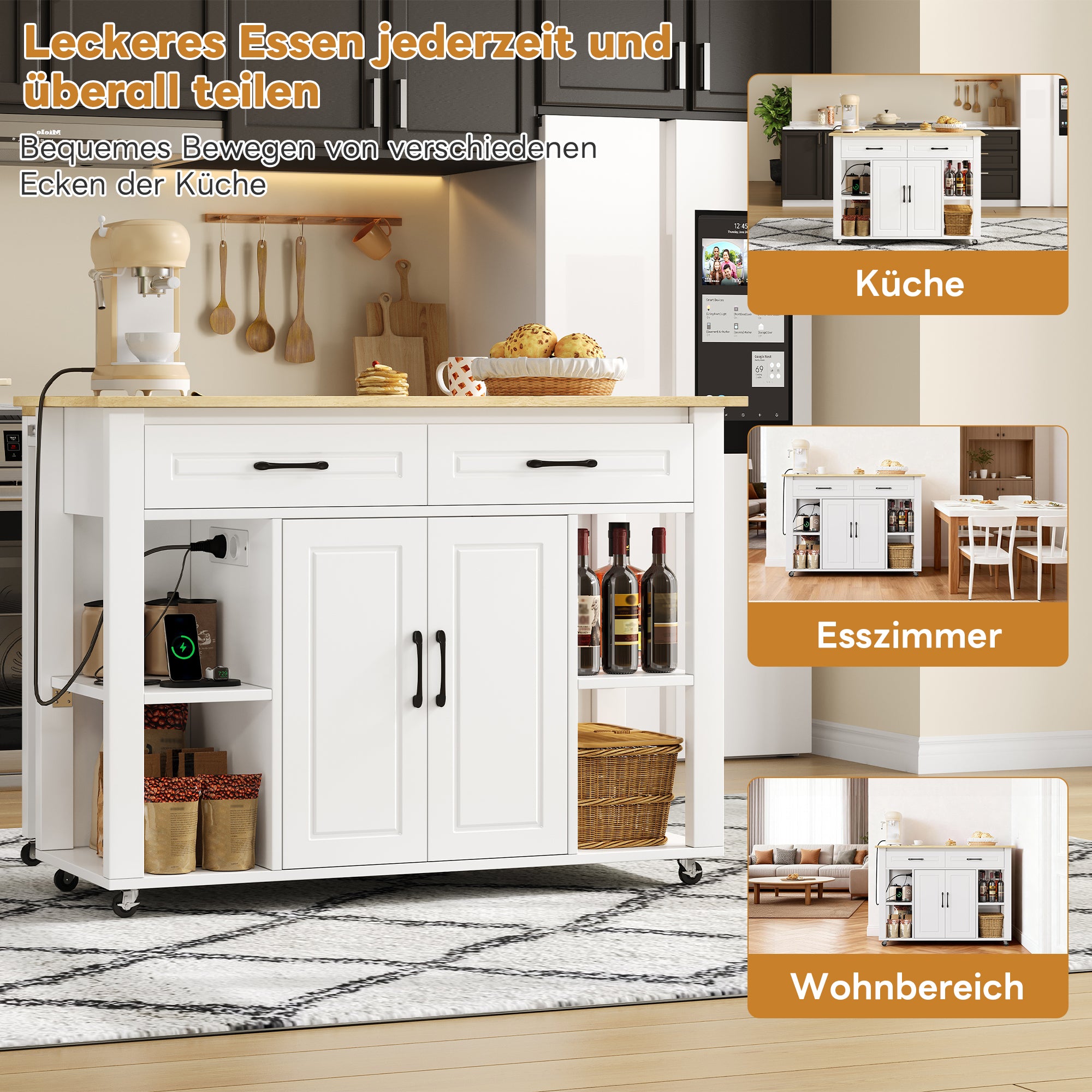 Mobile Kitchen Island with Power Outlets and Extendable Bar Counter, Wood Look