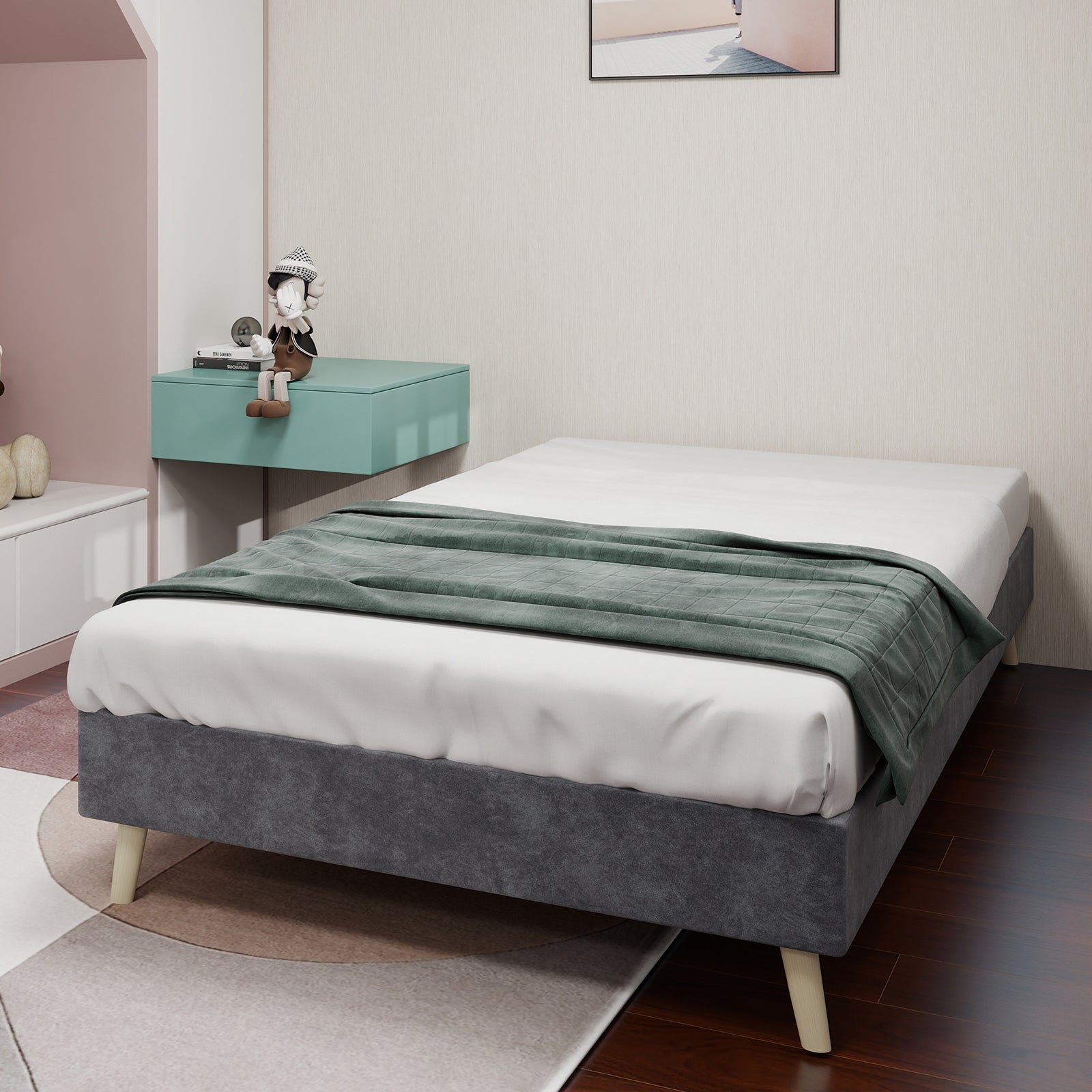 Modern Minimalist Bed Frame, Low-Profile Base 90x200 cm, Grey Dutch Velvet Fabric