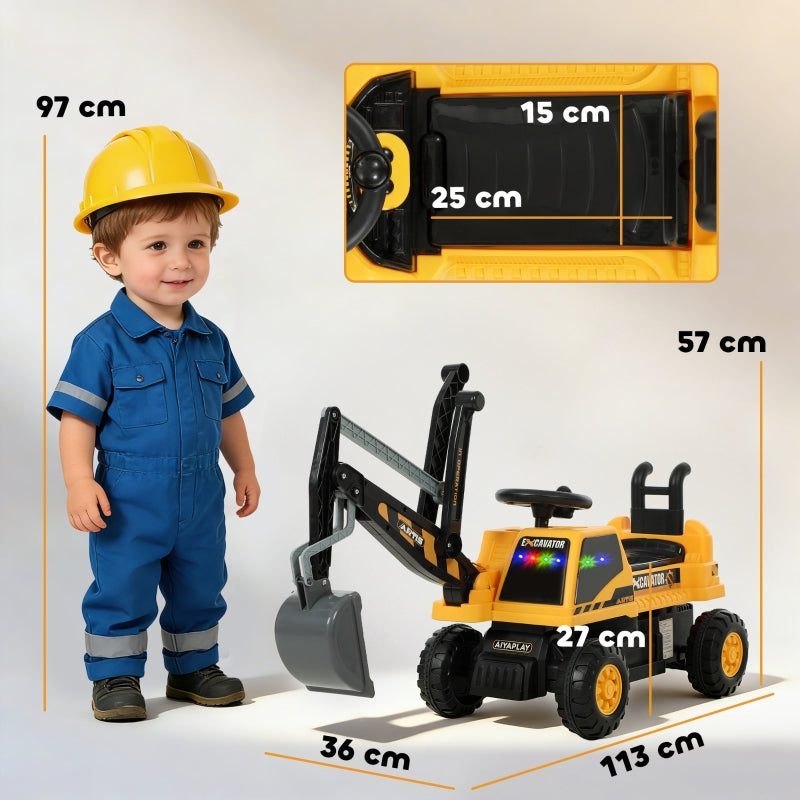 Ride-on Excavator with Shovel, Steering Wheel and Backrest for Kids, Yellow
