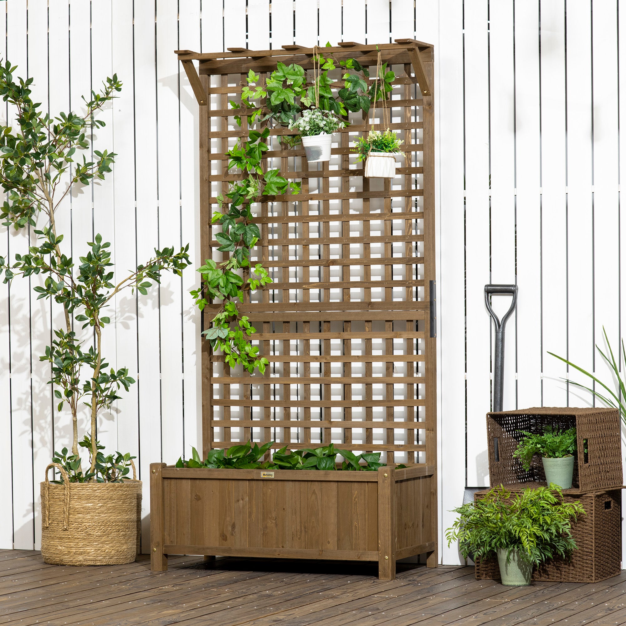 Raised Bed Planter with Drainage Holes and Trellis, Brown Wood