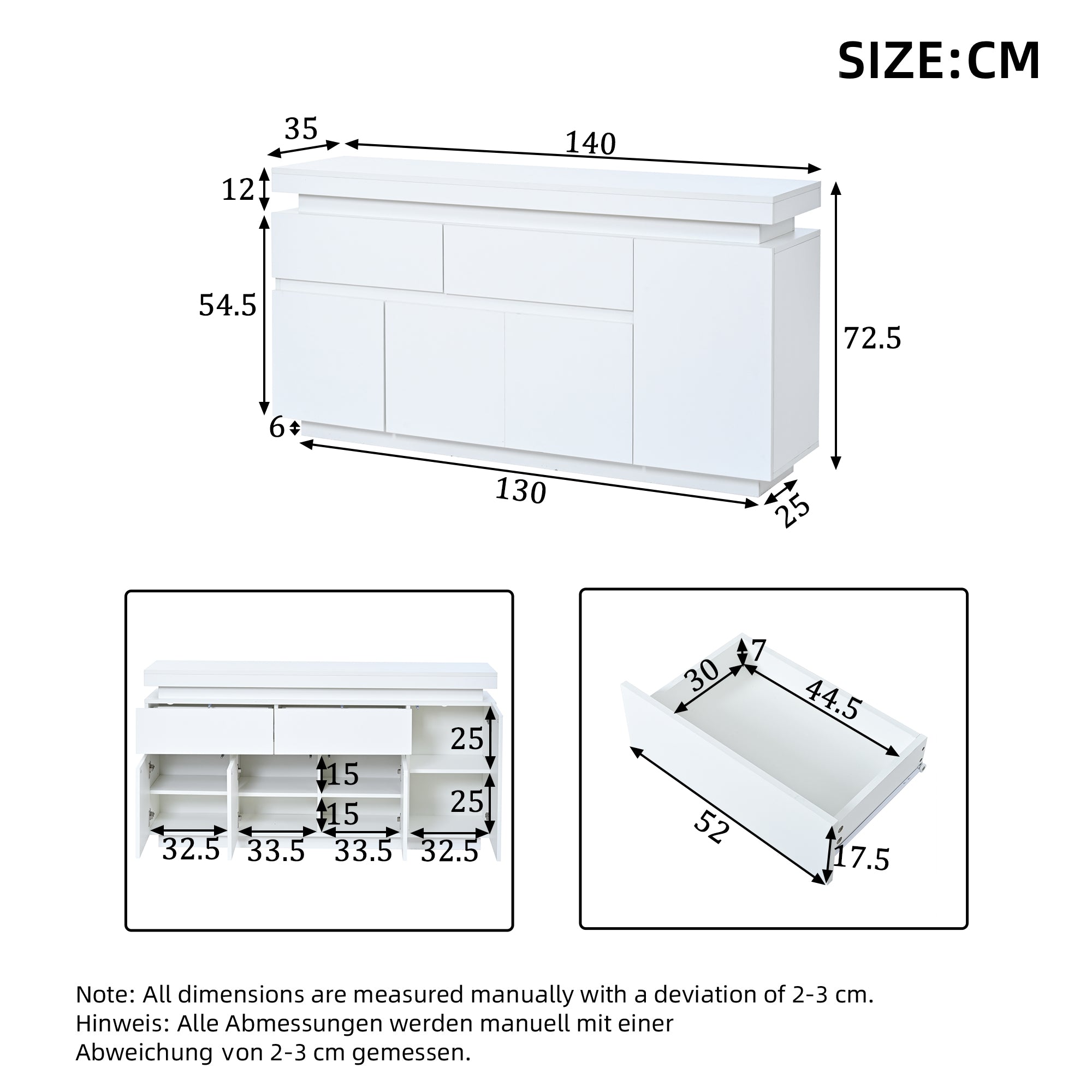 Living Room Cabinet/Sideboard, 2 Drawers, 4 Doors, LED, High-Gloss White