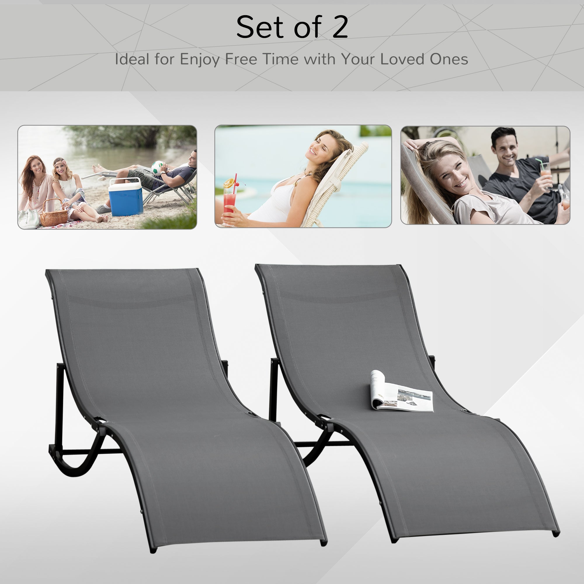 Set of 2 S-shaped Foldable Lounge Chair Sun Lounger Reclining Outdoor, Grey