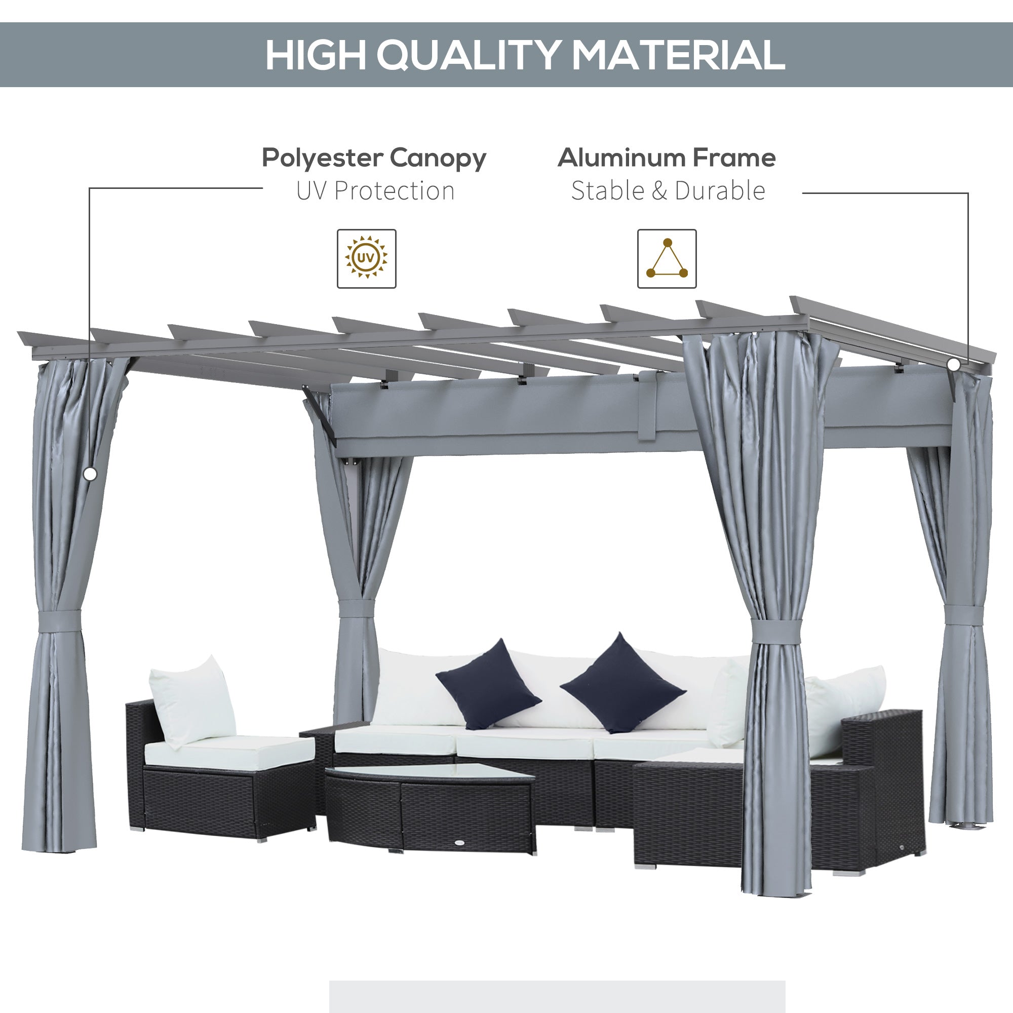 Outdoor Pergola 3.6 x 3m Retractable Roof & Curtains Aluminum Frame, Dark Grey