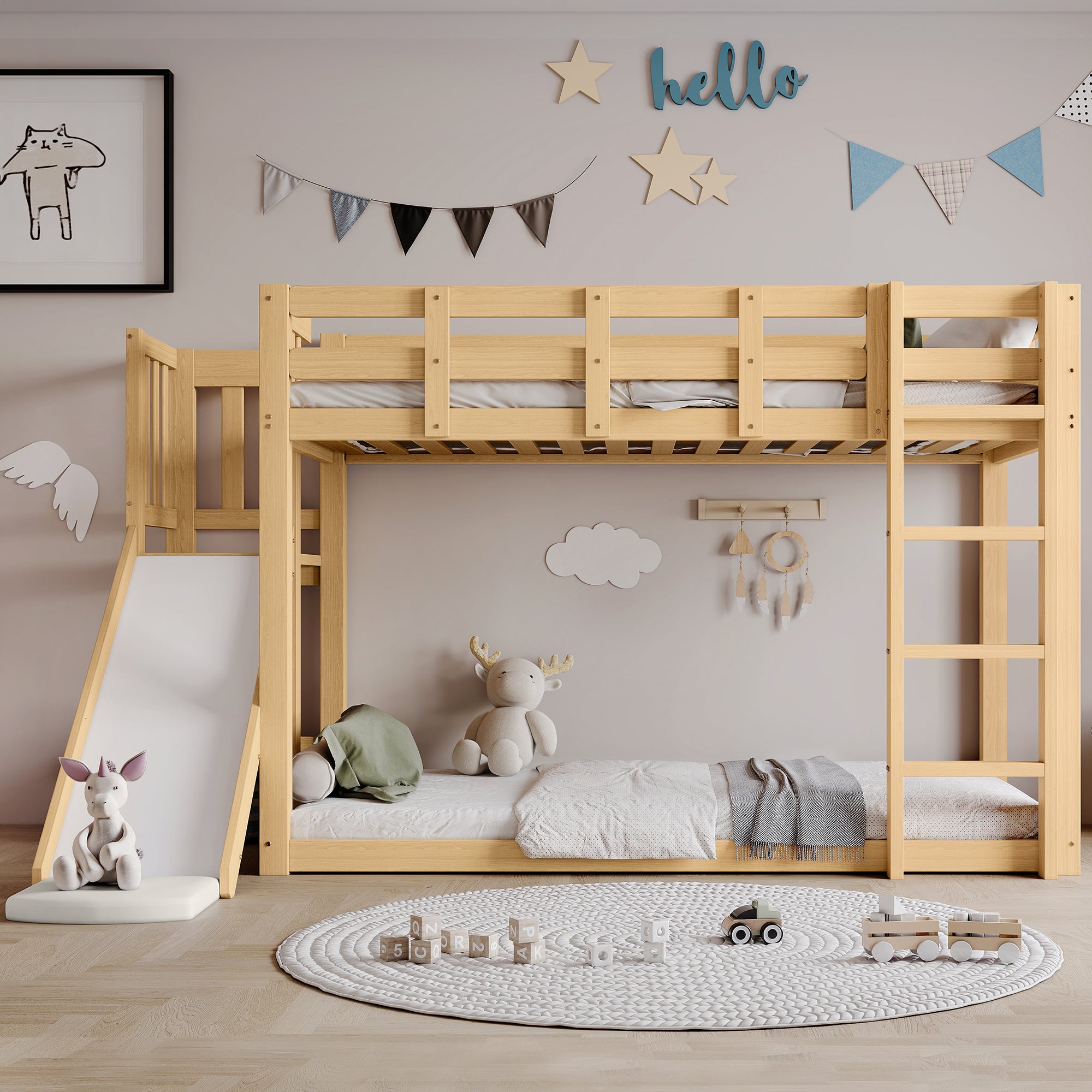 Bunk Bed with Stairs, Slide & Curtains, MDF+Pine, Natural