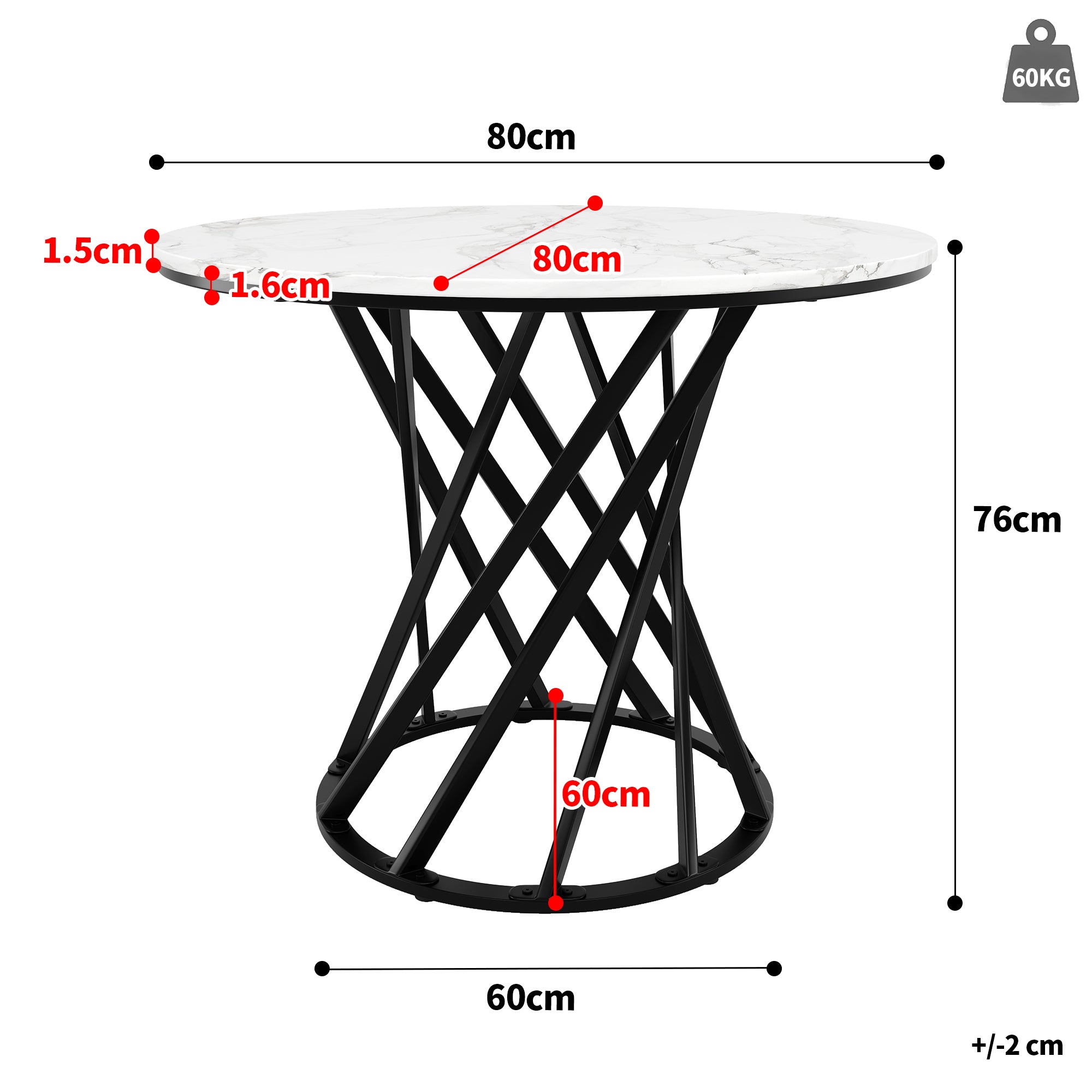 Round Dining Table 80cm for 4 Marbled MDF Top Black Metal Legs