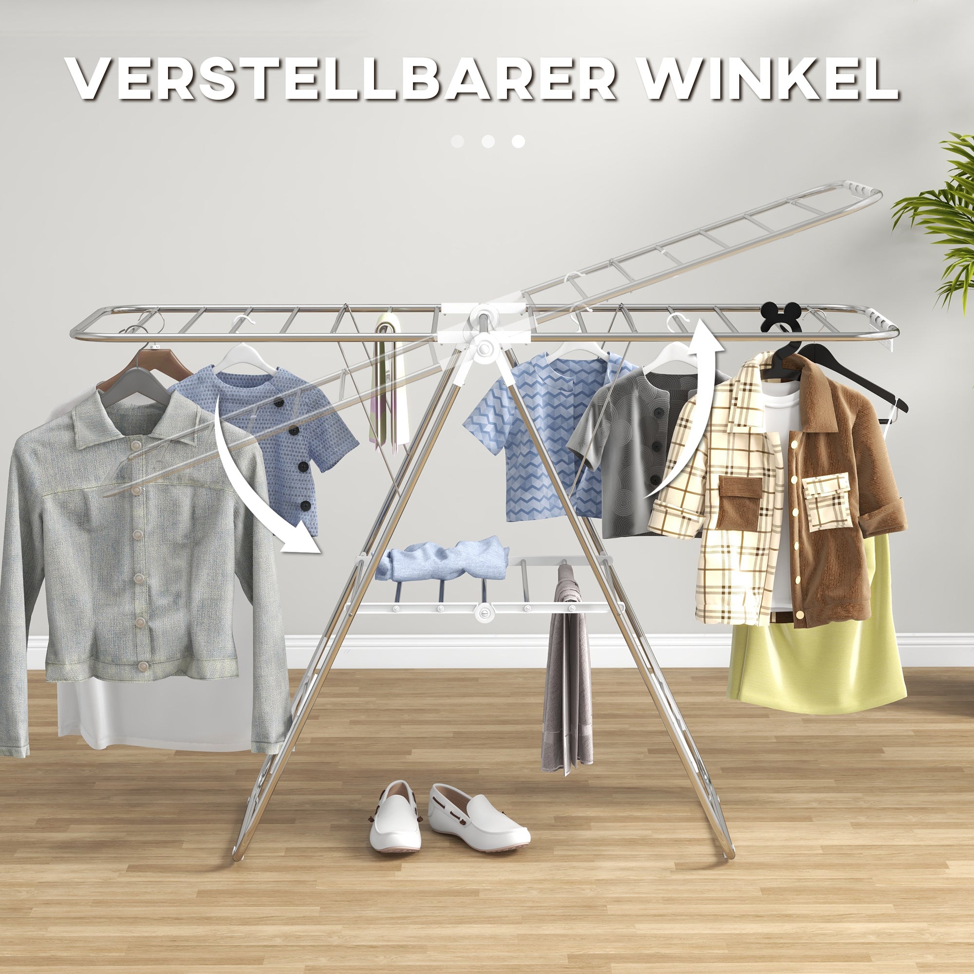 Clothes Airer, Foldable Portable with Telescopic Poles, Stainless Steel and Plastic, Silver and White