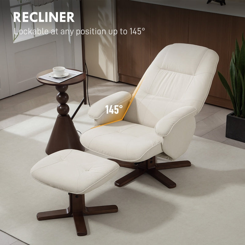 Linen Swivel Recliner Chair with Footstool, Upholstered Reclining Armchair, Beige
