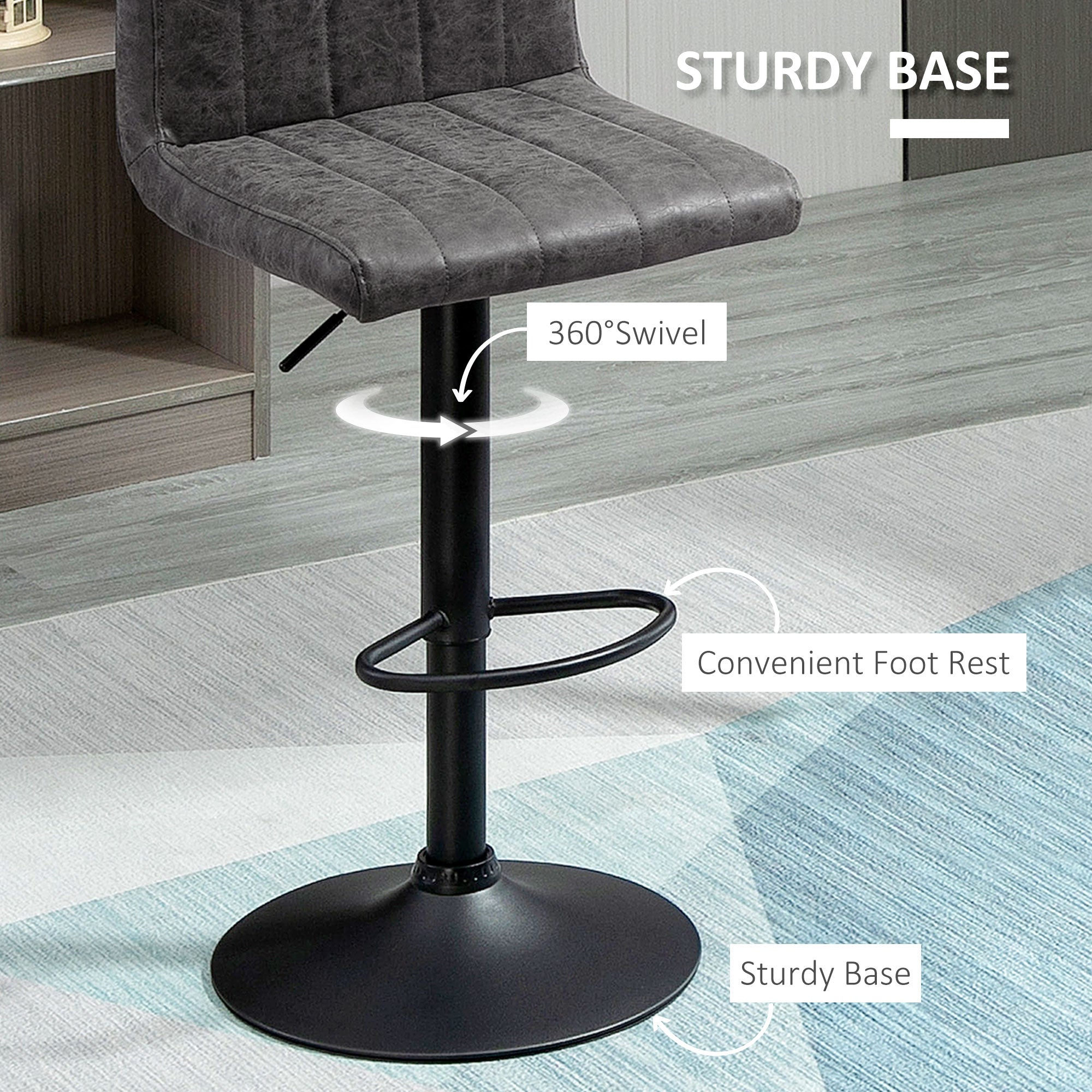 Adjustable Barstools Set of 2, Swivel Counter Bar Chairs with Footrest and Gas Lift, Grey PU Leather