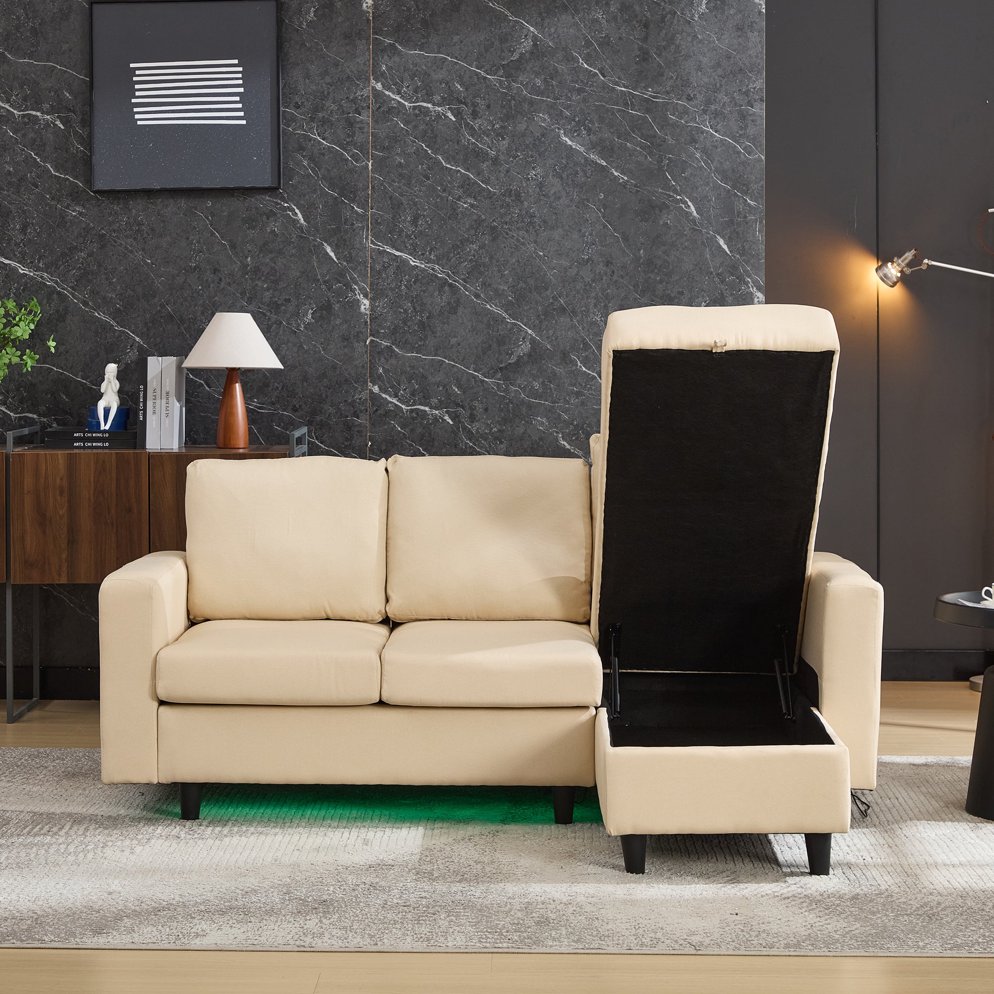 L-Shaped Sofa Bed, 3 Seater Sleeper with Storage, USB, and LED, Beige