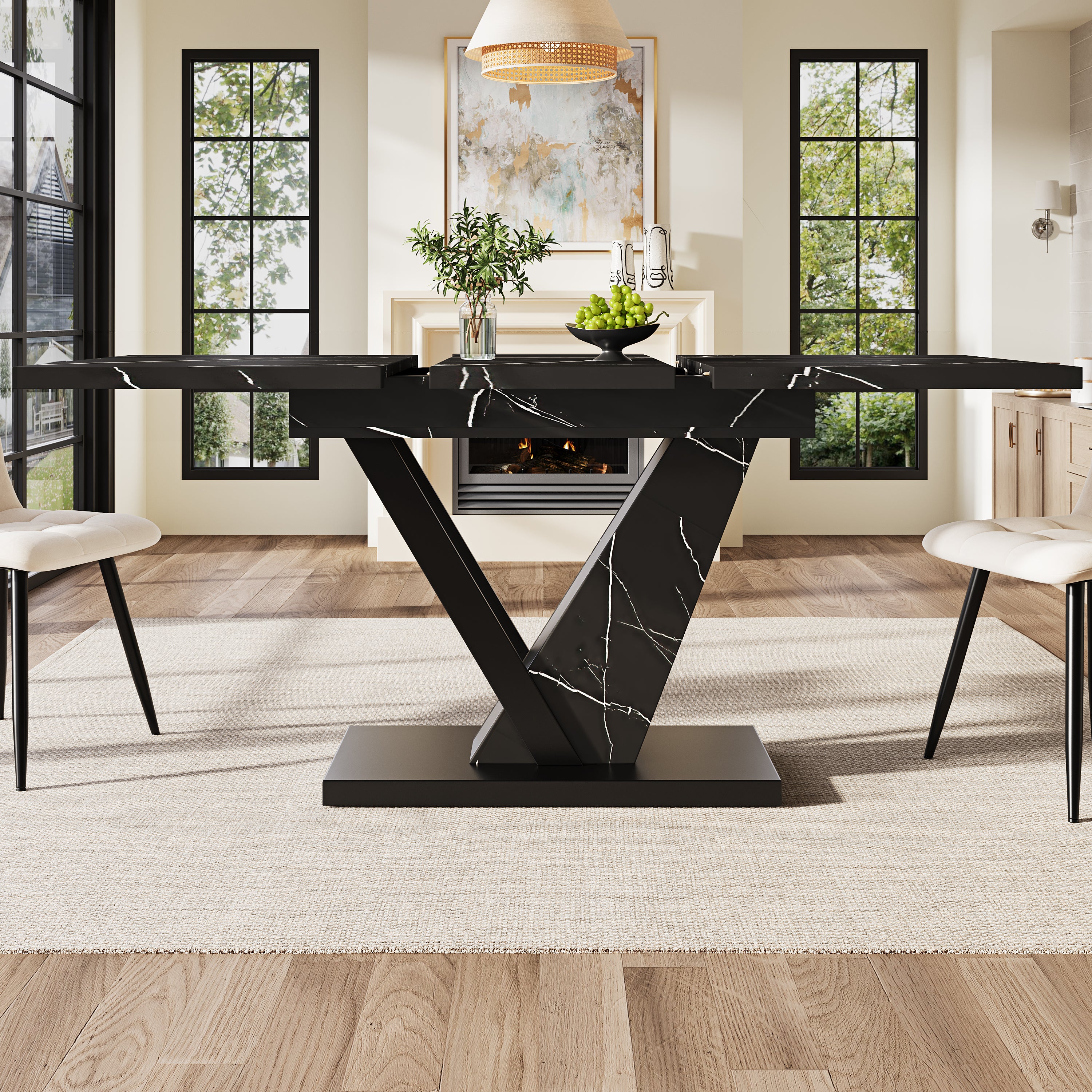 Dining Table Extendable with Black Marble Pattern
