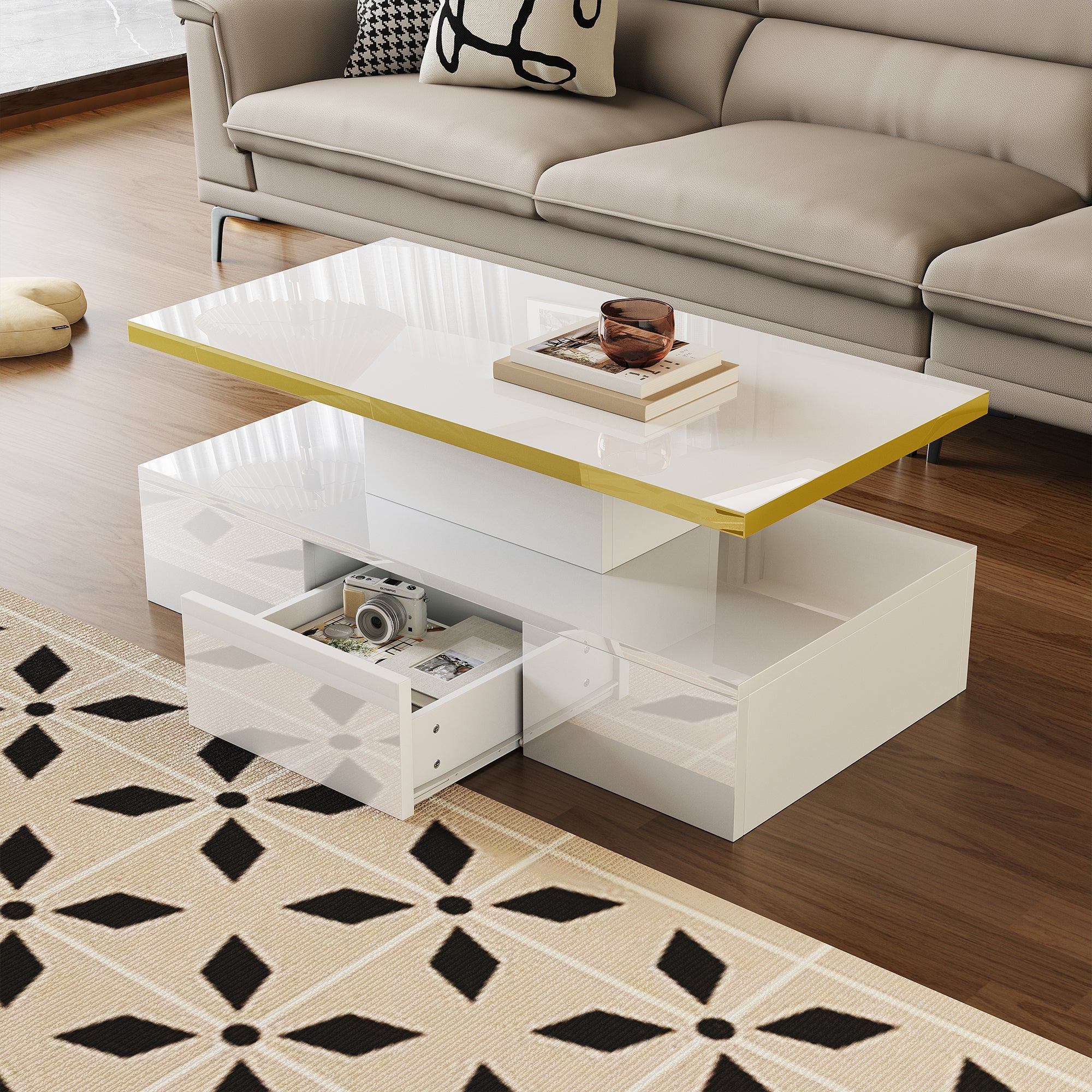 Coffee Table with Drawers, High-Gloss Lacquer Finish, Two Shelves, LED Light