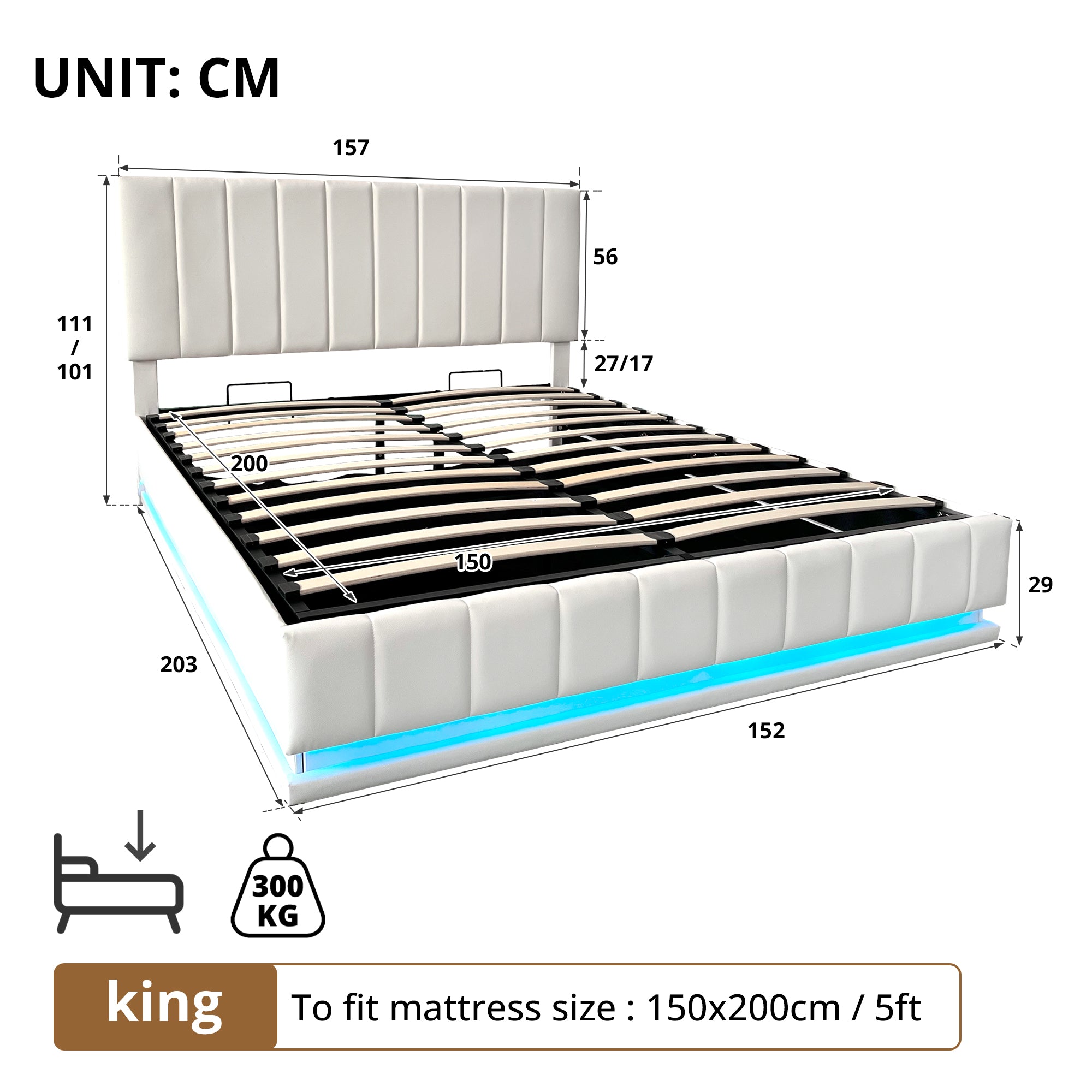 Ottoman King Bed with LED, Hydraulic Storage, PU Leather Cream White