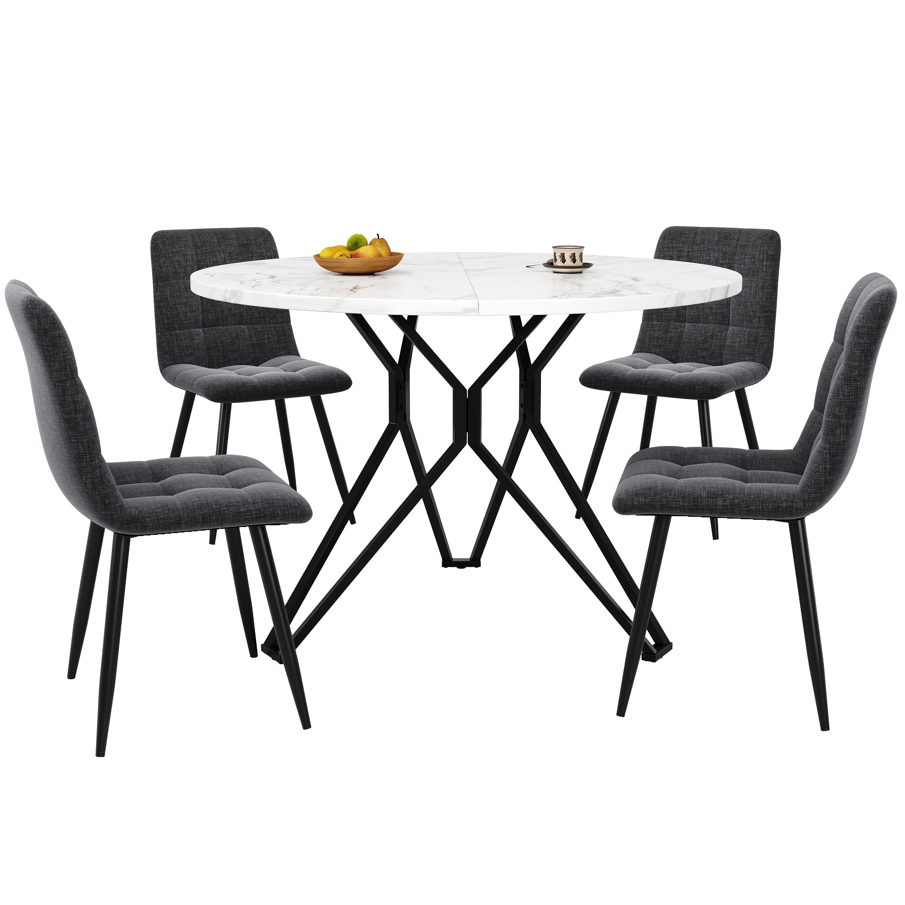Dining Table Set 5-Piece 100cm Round MDF Marble Top Black Metal Legs Grey Linen