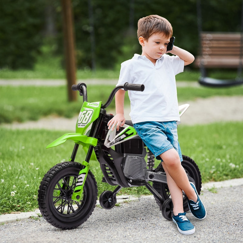 AIYAPLAY Electric Motorcycle for Kids, 12V with music and training wheels, green