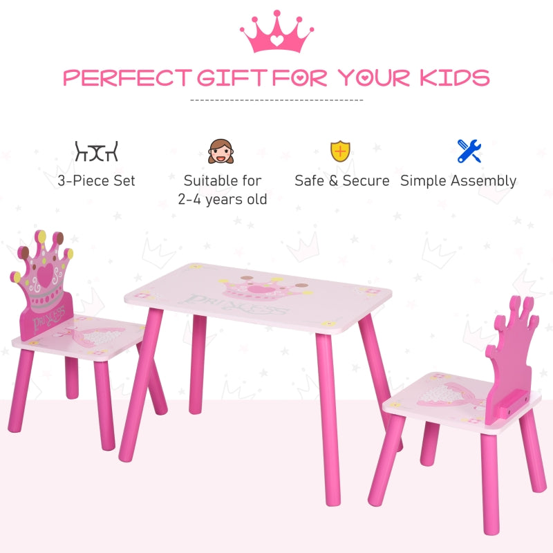 3 Pcs Kids Table and Chair Set Princess & Crown Theme for 2-4 Years Pink