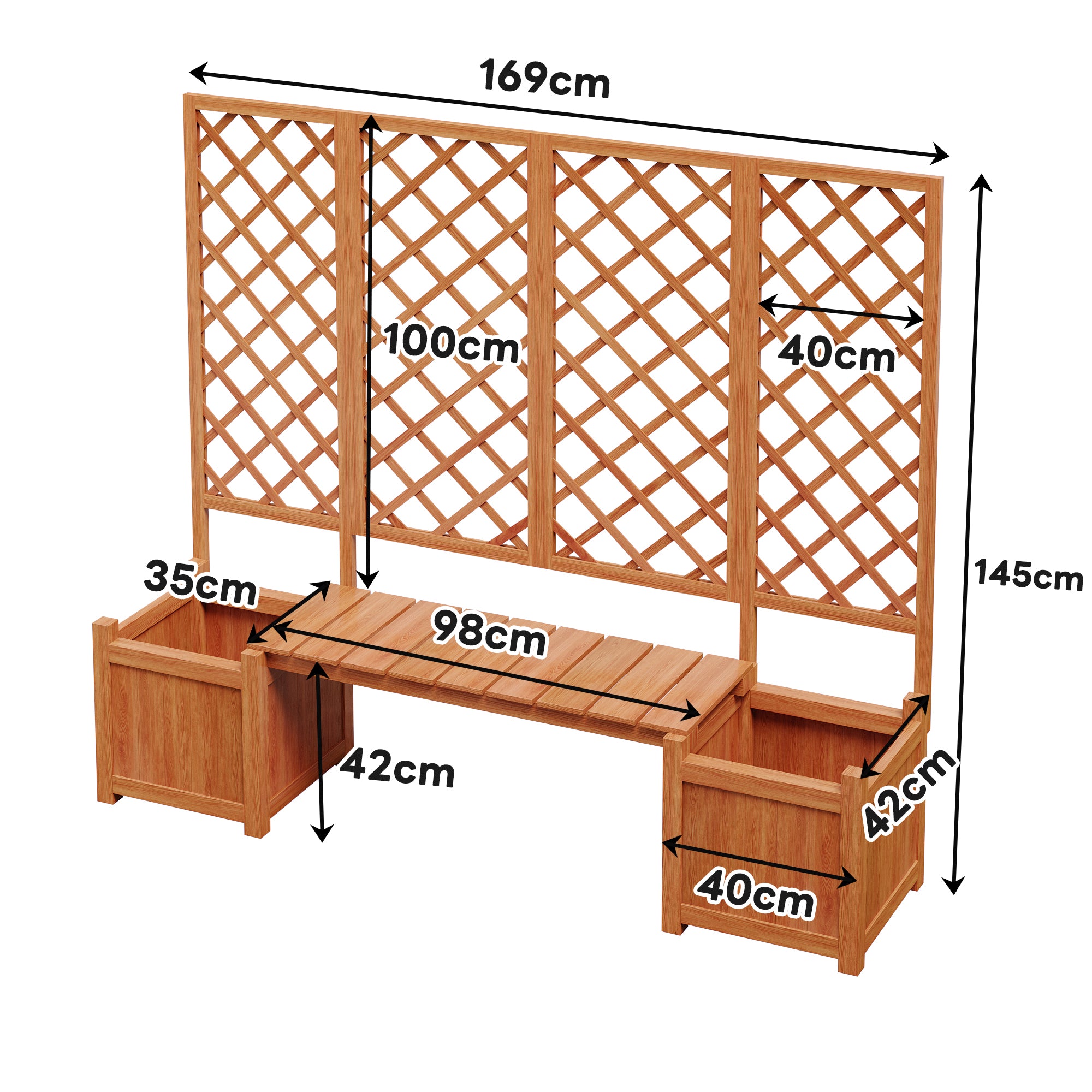 Planter Box with Trellis, Seat & Storage - Brown Solid Fir Wood