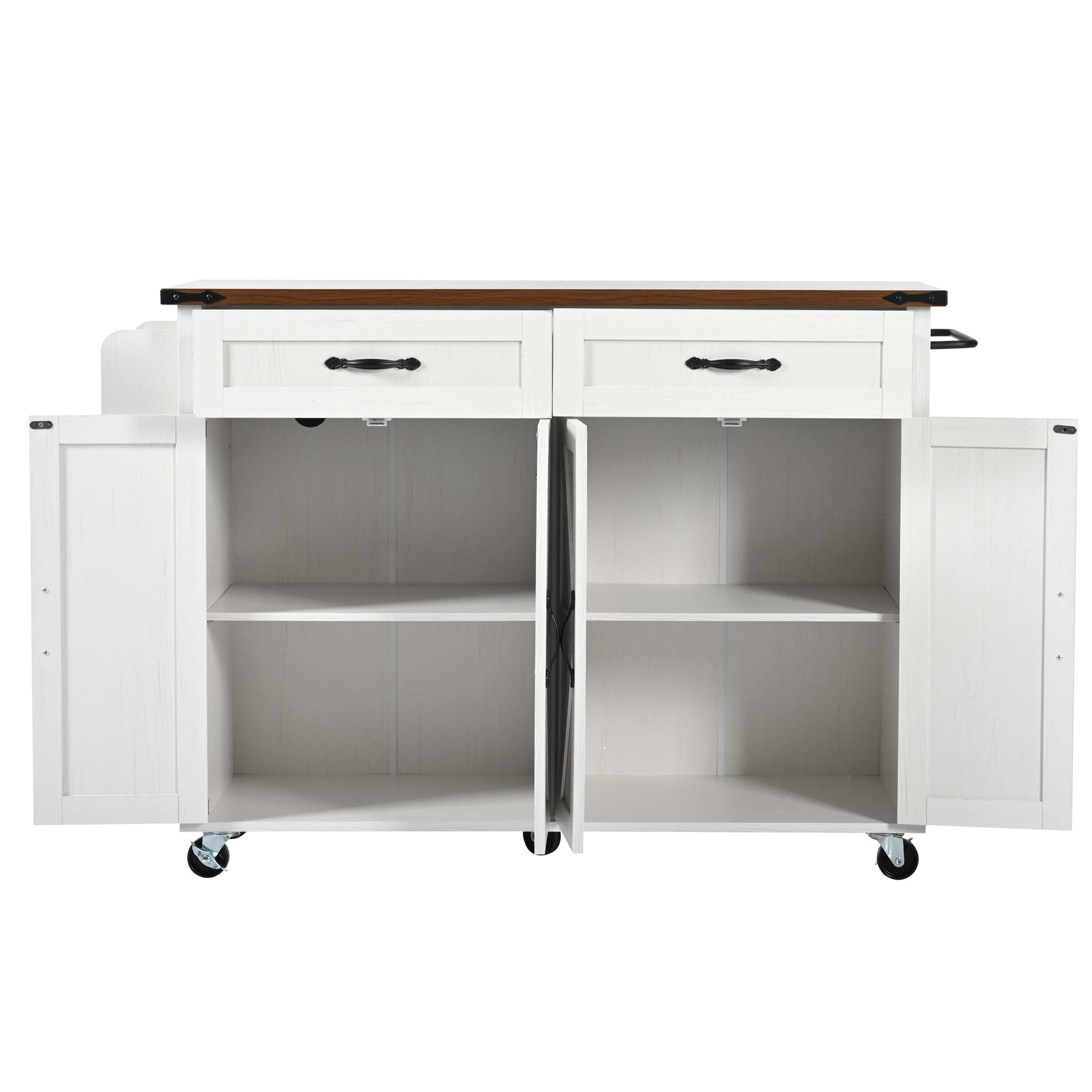 Kitchen Island Serving Trolley, Pull-Out Worktop Storage with 4 Doors and 2 Drawers, Wood Grain