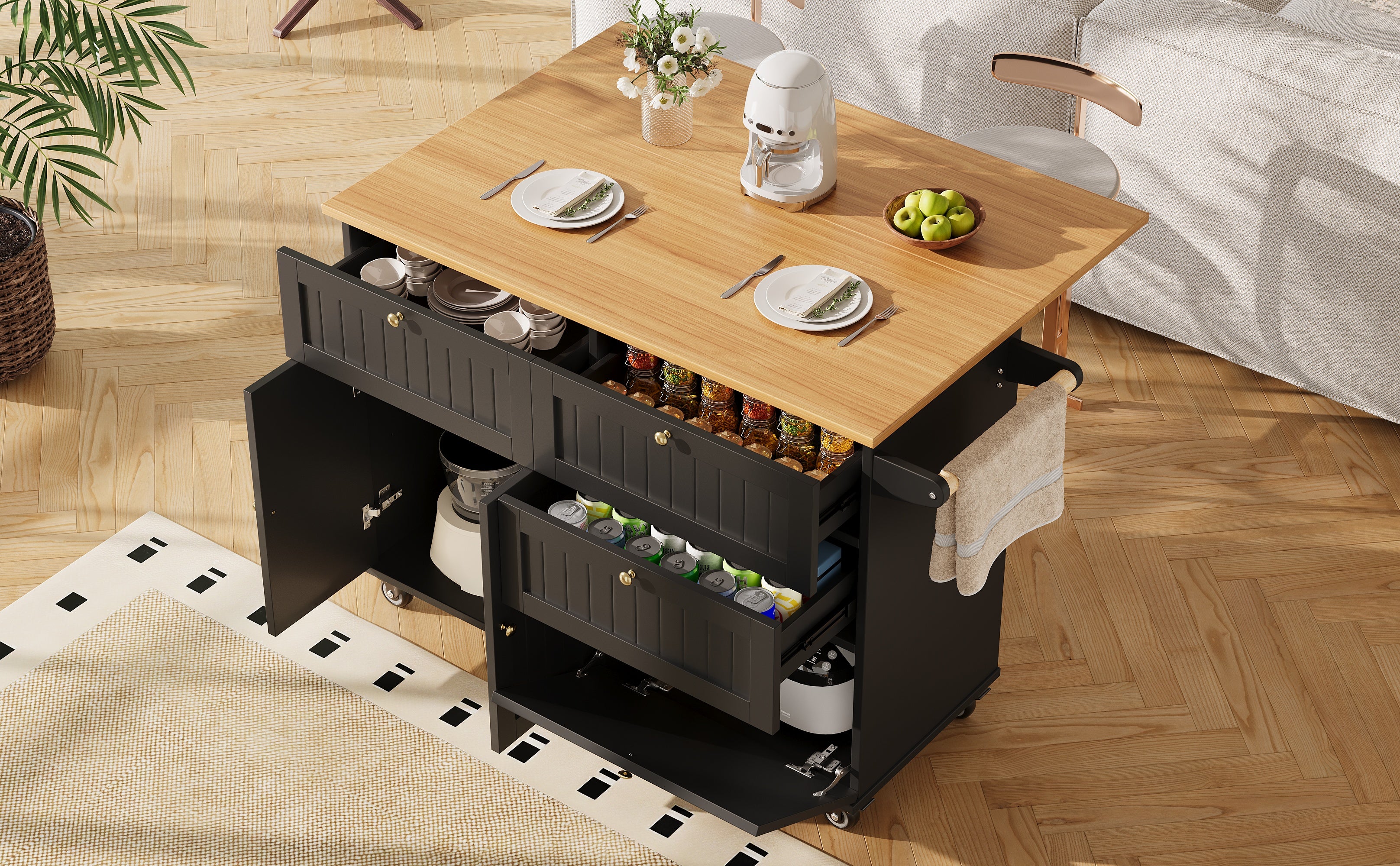 Modern Kitchen Island Dining Table Multifunctional with Storage Wood Grain Black