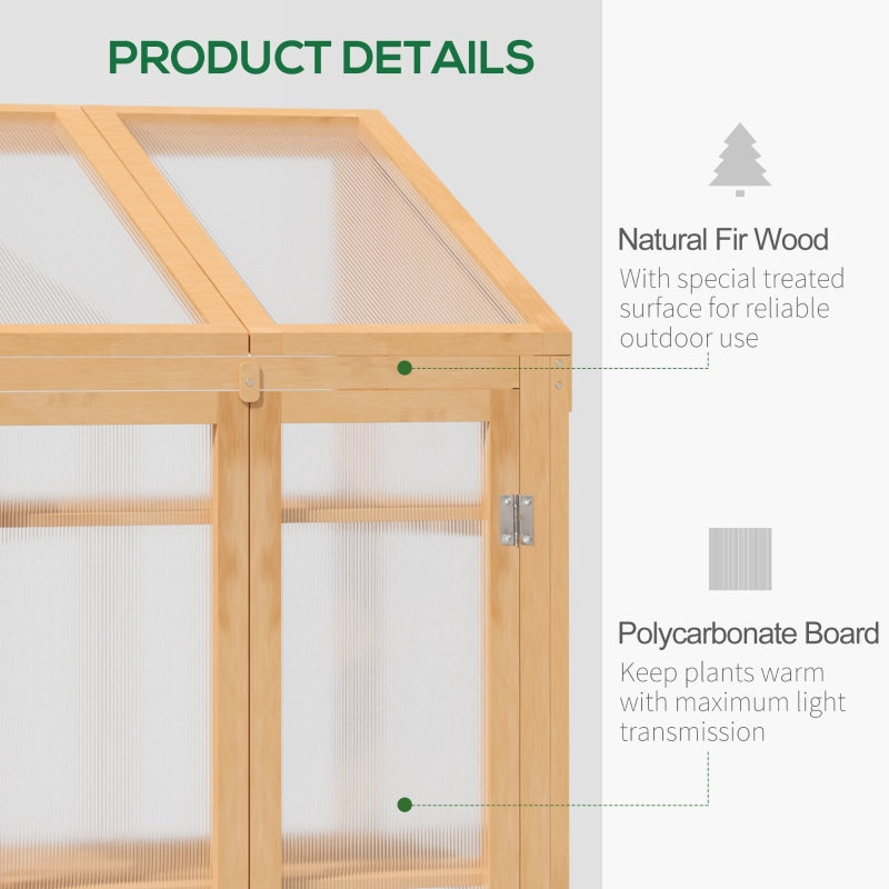Wooden Cold Frame Polycarbonate Greenhouse with Openable Top Cover and Double Door Grey