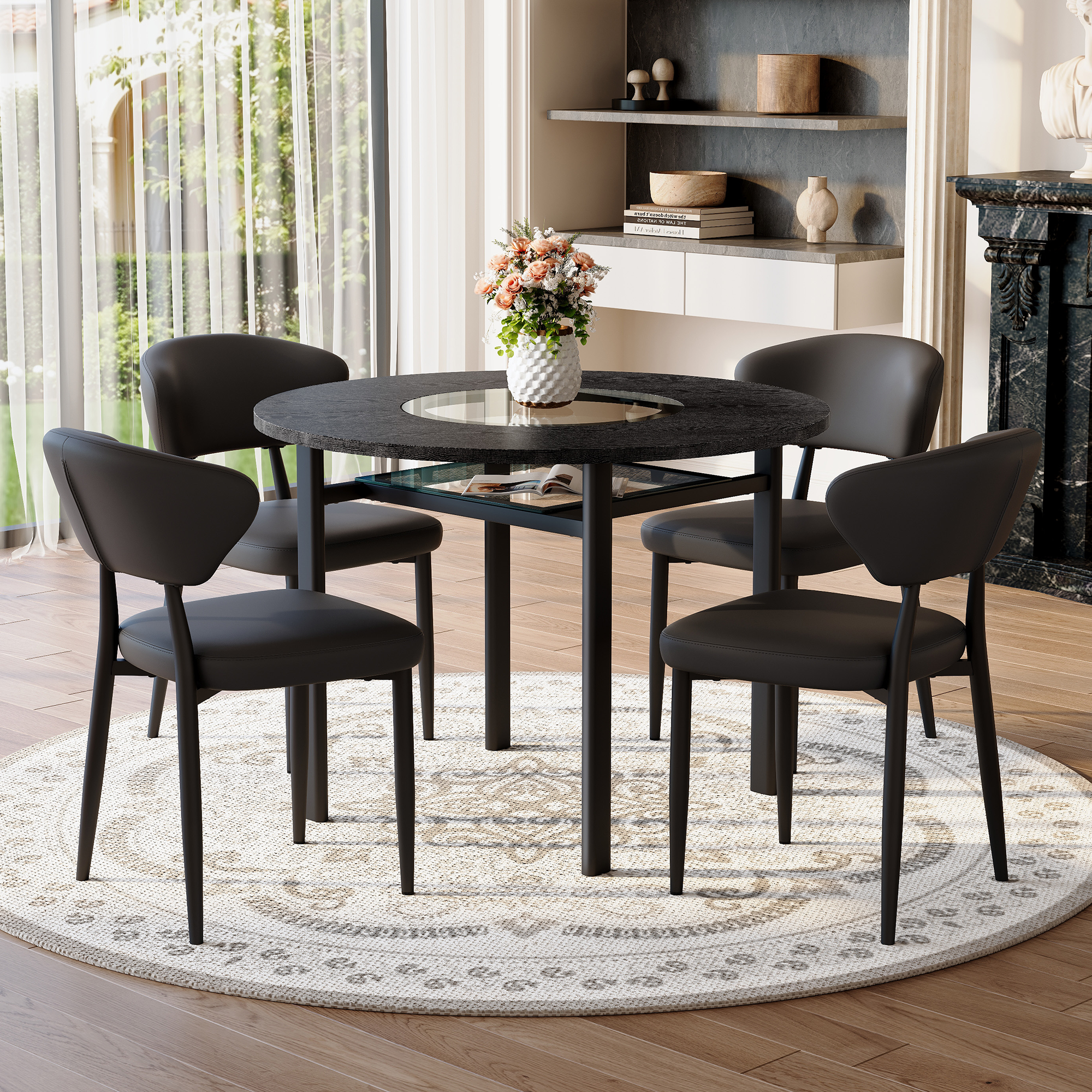 Minimalist Round Table Set with 4 Armchairs, 100cm Diameter, Black PU/Wood Look