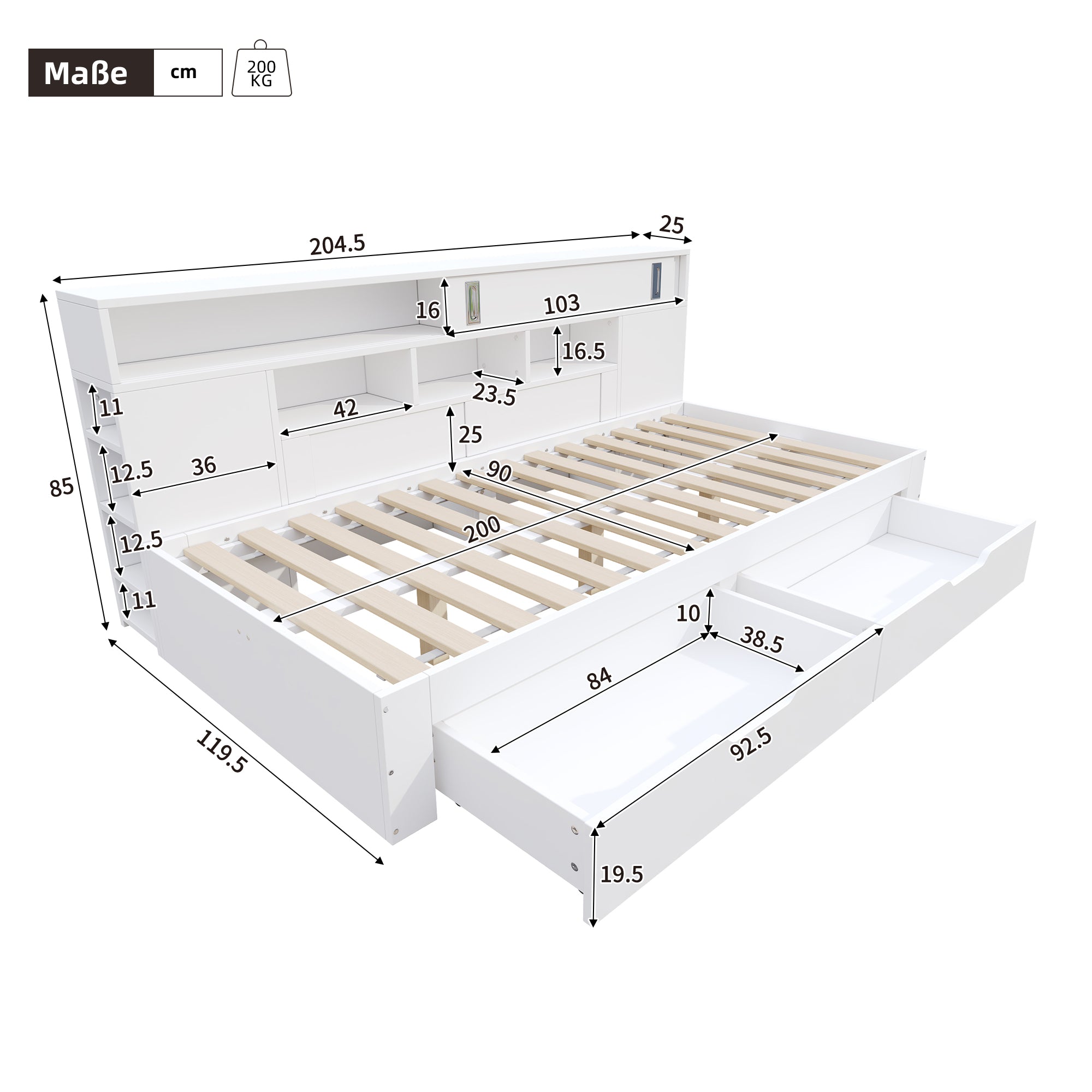 Daybed Single Bed 90x200cm Multifunctional Drawers Bookshelf Storage - White