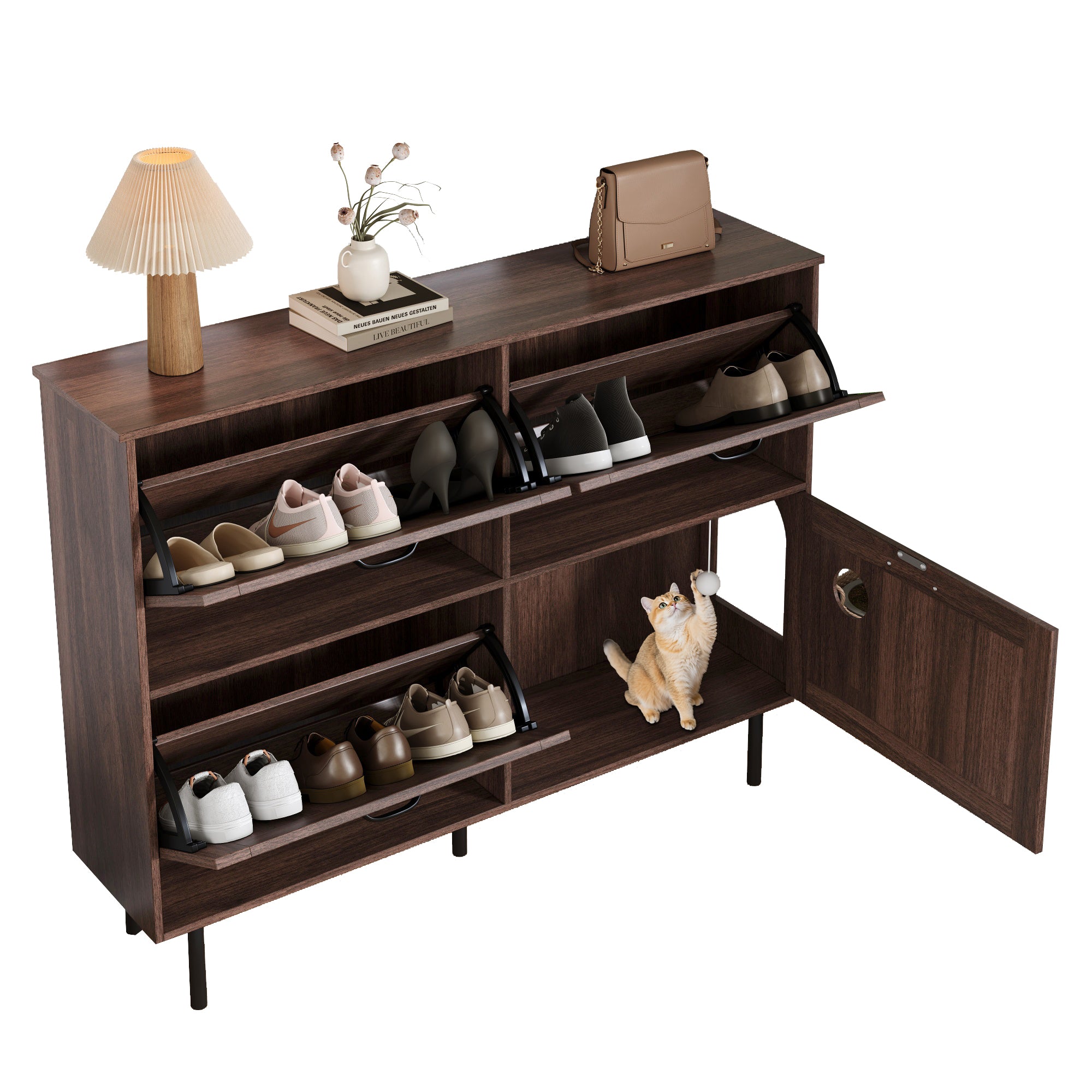 Narrow shoe cabinet with 3 flaps and pet toy storage, for hallway use