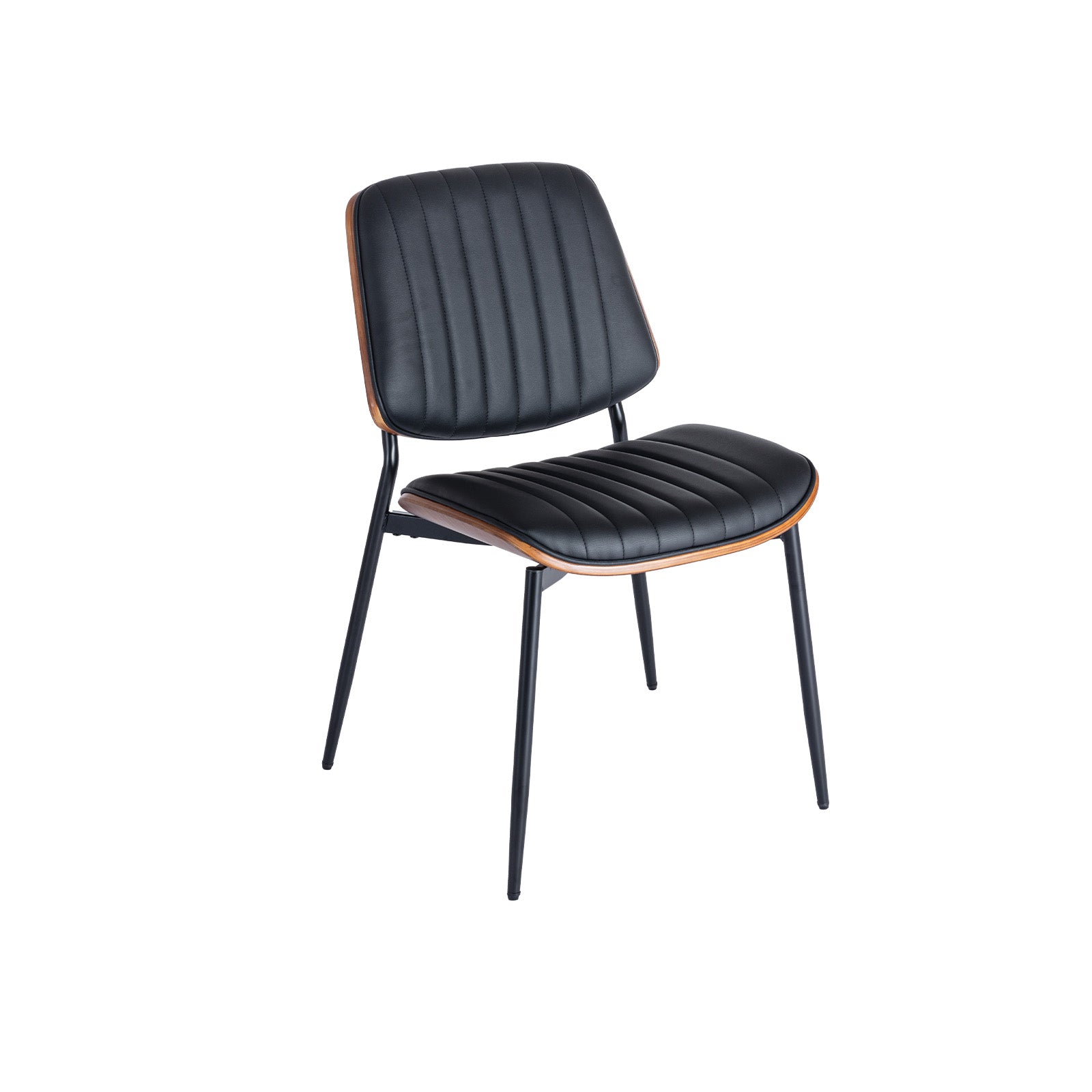 Dining Chairs Set of 2 Mid-Century Modern Retro Walnut Bentwood Back Upholstered Seat Metal Legs - Black Faux Leather