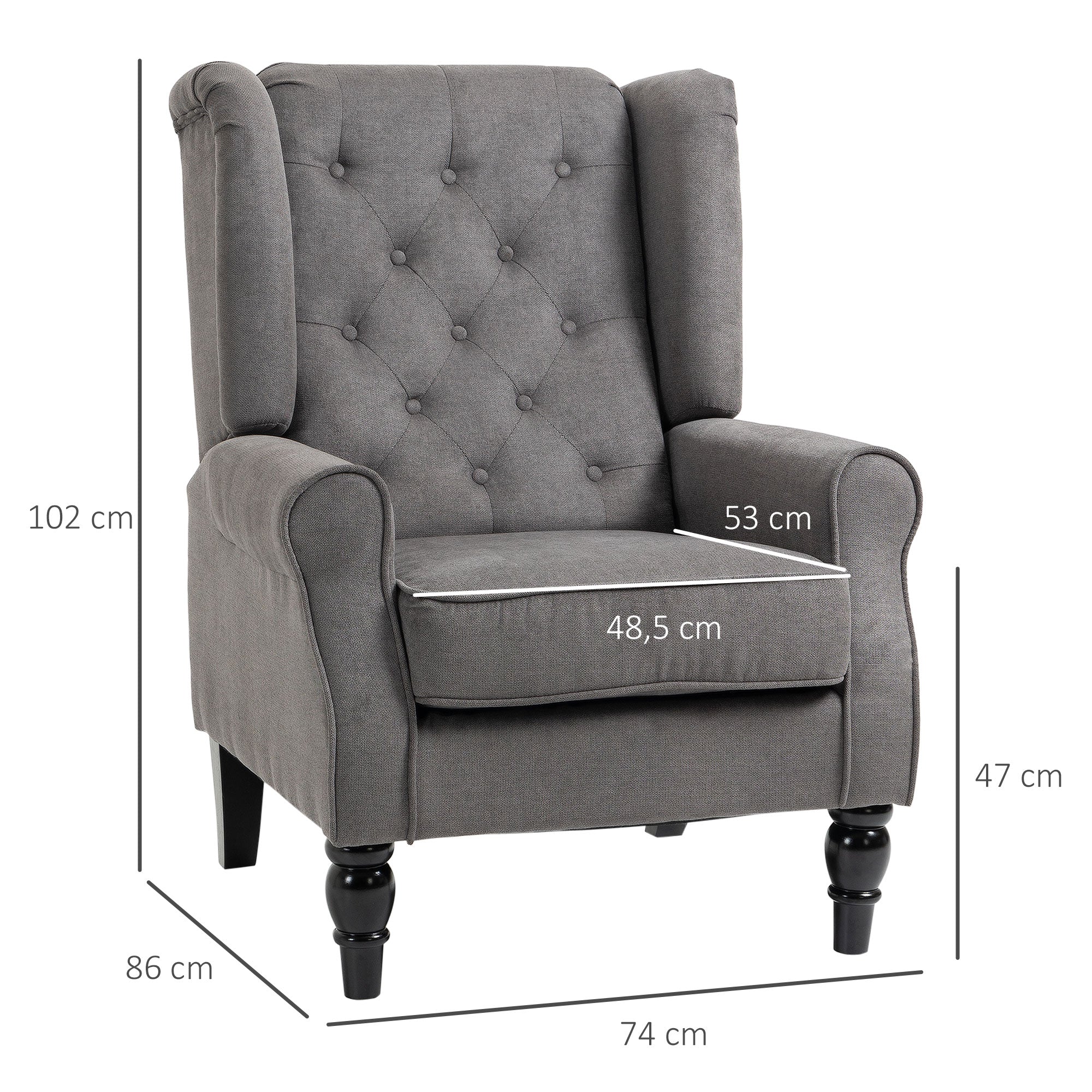 Single Armchair, Wingback Chair, Tufted, Dark Grey Polyester