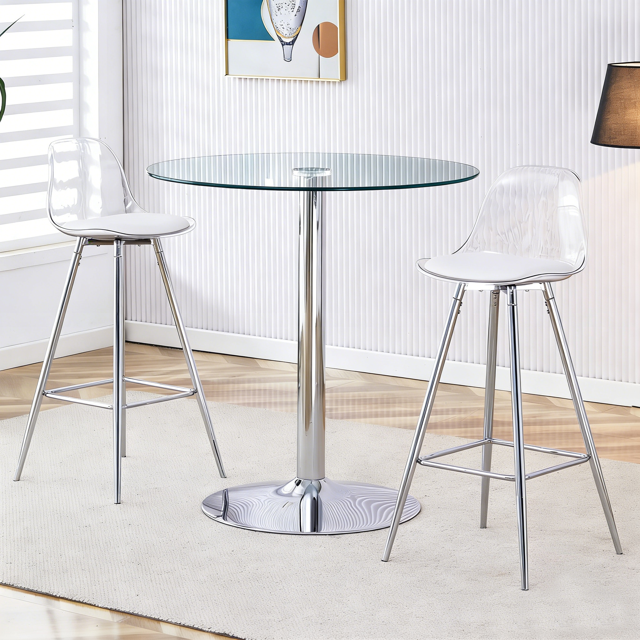 Flexible Bar Set, Round Table 89 cm, 2 Stools, Glass & Silver