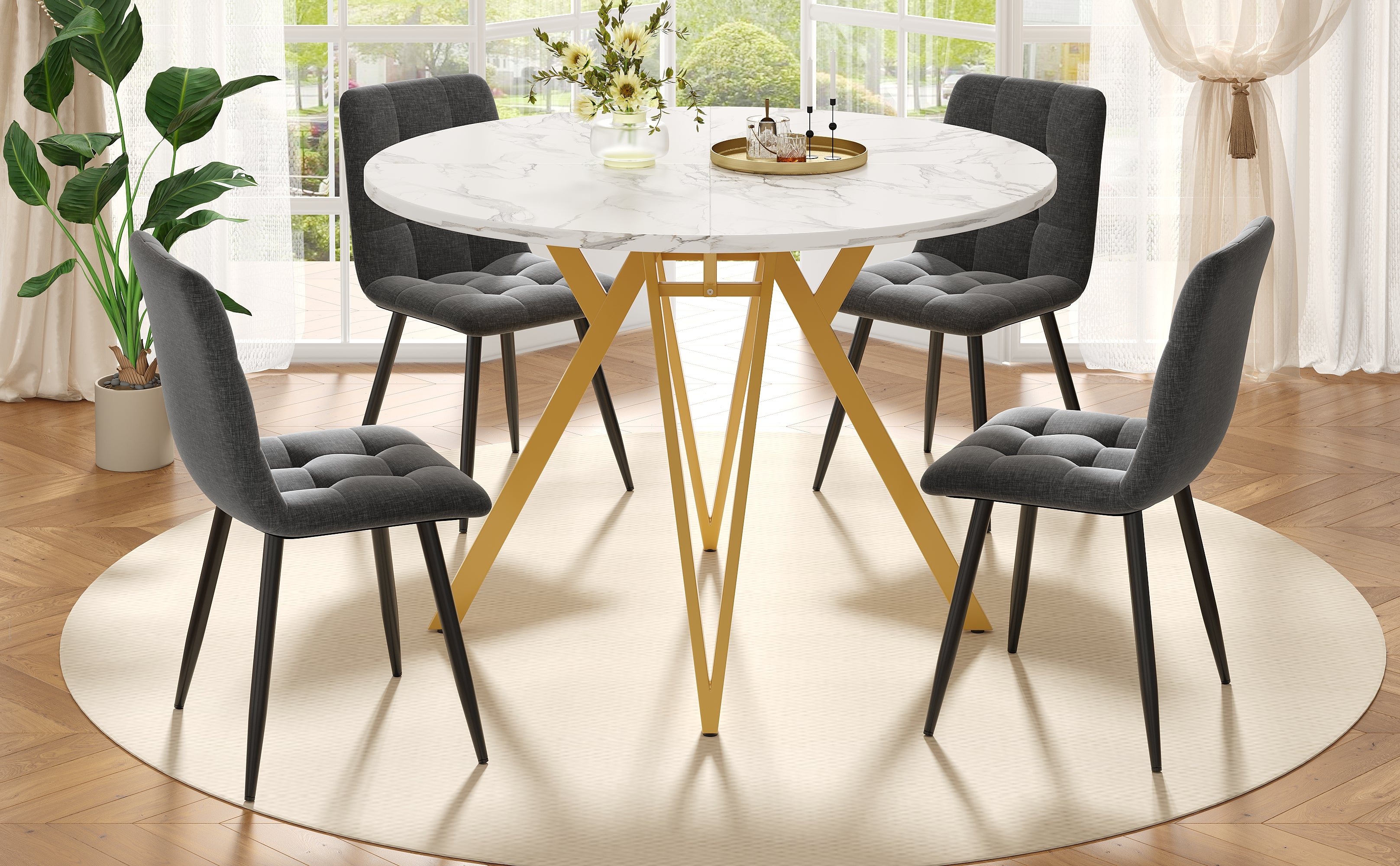 Dining Table Set 5-Piece Round 100cm Gold Metal Legs MDF Marble/Grey