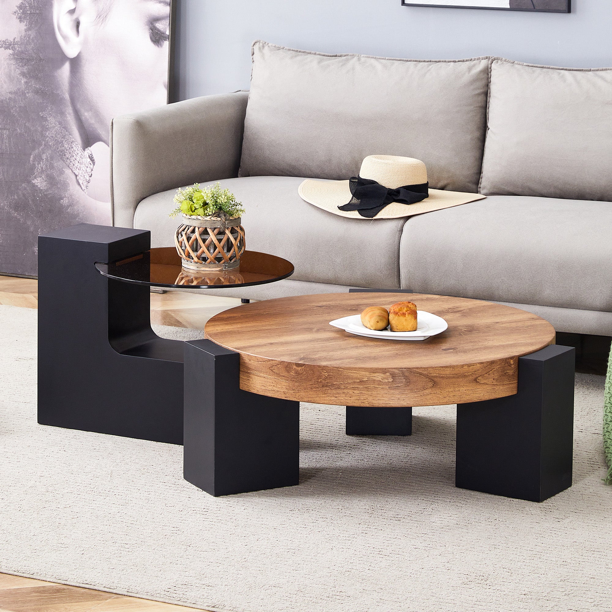 Round Coffee Table Two-Tier Detachable Transparent Brown Glass Top Black MDF Legs