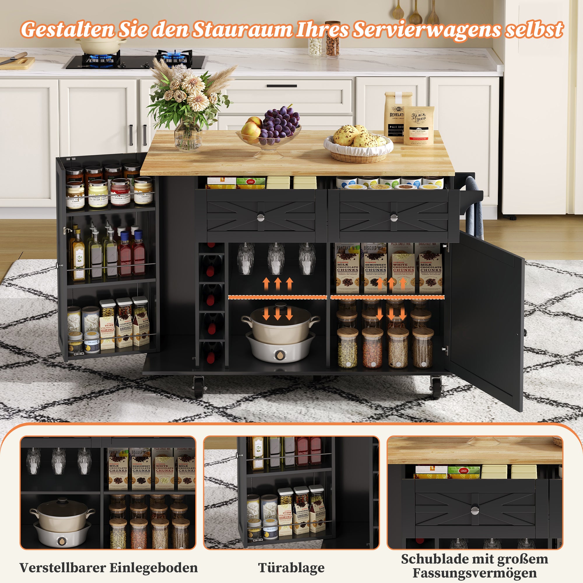 Kitchen Island Mobile Folding Worktop Wine Rack Storage - Black
